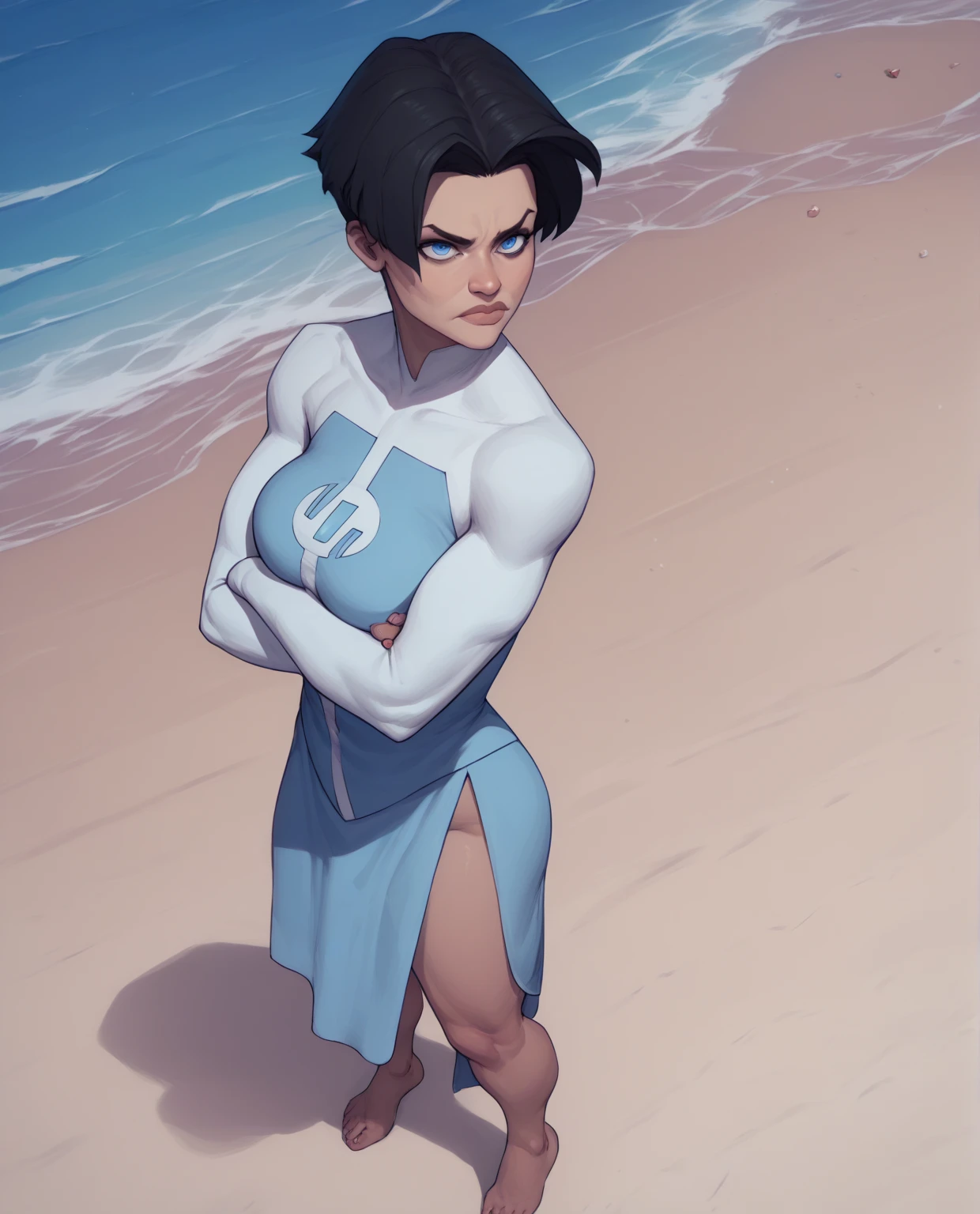 a beautiful woman with short, brown hair and dark brown skin in a white and blue body suit