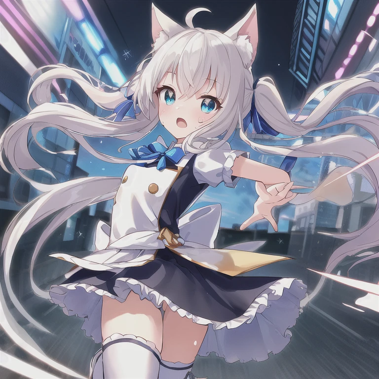 Leaking panties,pleatedskirt,cat ear,solo person,There are leg loops,white stockings,Silver short bob hair --auto