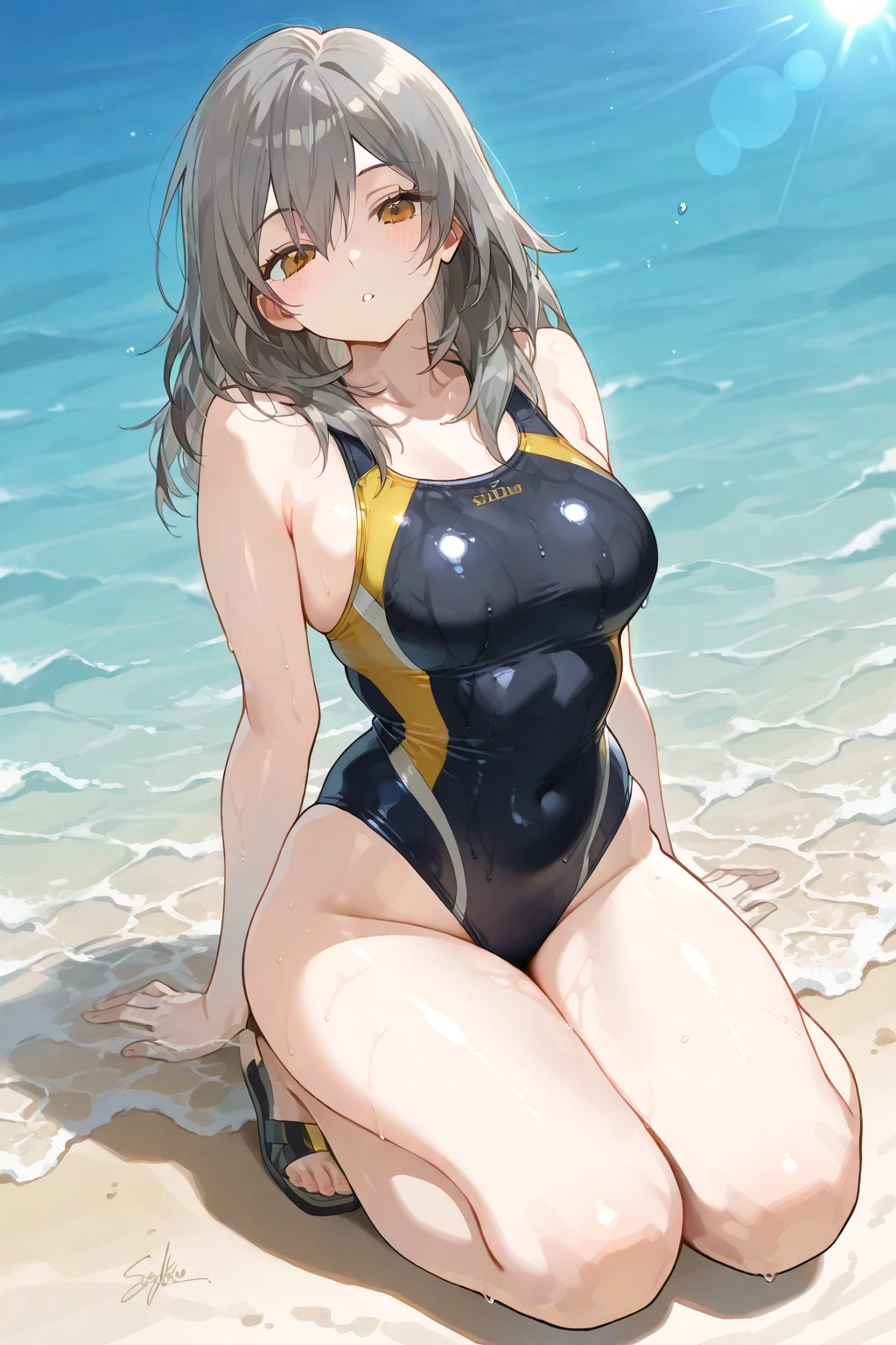 1girl, dark skin, dark-skinned female, black hair, long hair, yellow eyes, yellow beret, beret, one-piece swimsuit, competition swimsuit, black swimsuit, black one-piece swimsuit, yellow trim, light smile, large breasts, thick thighs, beach