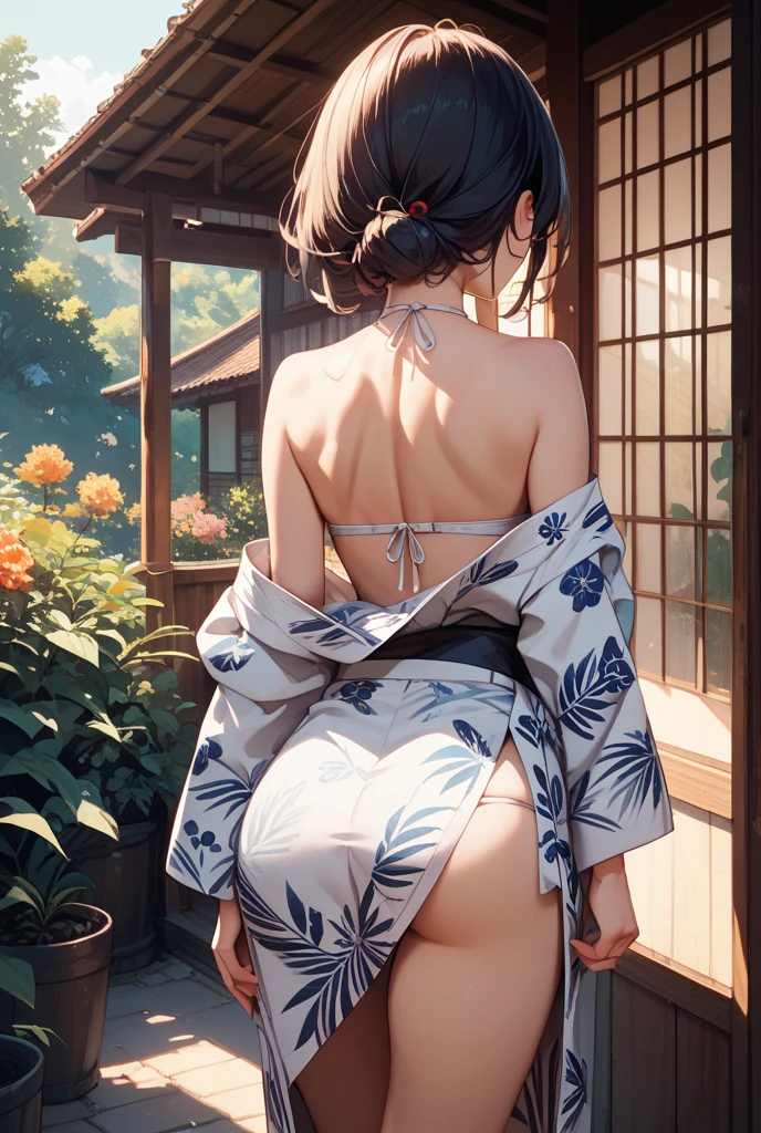 1girl in、Female buttocks facing the screen、Backward perspective、A dark-haired、((pink seduction background))、A sexy、Busty body、Big round buttocks、thin-waist、a closeup、Luxury underwear、Erotic Lingerie、top-quality、Red face、Wriggle your hips、Stick your butt out、​master piece,hyper quality, Hyper Detailed,Perfect drawing,Hi-Res、1 persons、Cute even though her eyes are tight、Pose with buttocks sticking out、(Wearing a loincloth :1.5)、Back view、Detailed drawing、Best Quality, Capture super cute moments, depth of fields, ultra-detailliert,  High resolution, C4D, Octadale, 3D Modeling, 8K,Delicate and detailed depiction、Shooting from the back diagonally below、8K、moonlights、superclear、Full of charm、​masterpiece、high detailing、beatiful backgrounds、Detailed drawing、Functional、emotional,、(((Masterpiece 1.5))),(hyper quality:1.5), Hyper Detailed,Perfect drawing,3D,Illustration in 8K、(((clearface)))、Hi-Res、japanes、1 persons、adult lady、Beautiful skins、Lustrous hair、(((beautiful kimonos)))、((Luxury underwear))、(((Beautiful underwear)))、Japan background、nice background、((beatiful backgrounds))、(((Detailed drawing)))、Perfect Beautiful Girl、((Perfect Photo))、((emotional))、((Luxury))、spot light