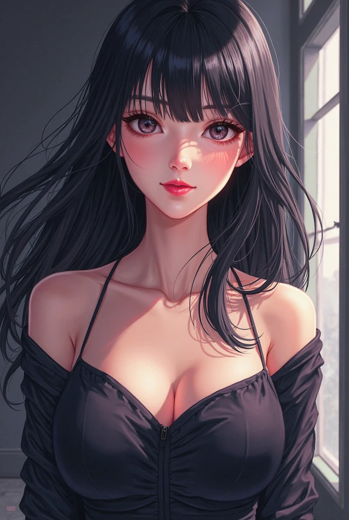 Sexy woman, long black luscious hair, seductive gaze and smile, blushing intensely, perfect body, black and white knitted off shoulder dress, medium chest, cleavage, sitting on bed