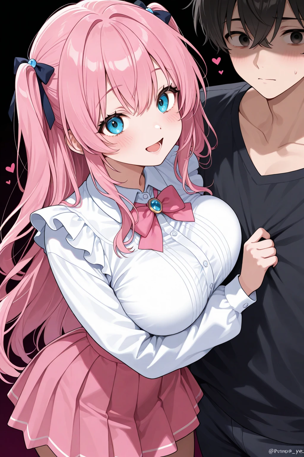 masterpiece (((1 man))) 1 girl (((men and women))) Pink hair Long hair Green eyes Big breasts Big nipples NSFW (orgasm) (heart eyes) naked ((A man fondles a woman's breasts from behind)) ((Grabbing breasts)) ((deep kiss)) Milking ((breast milk))