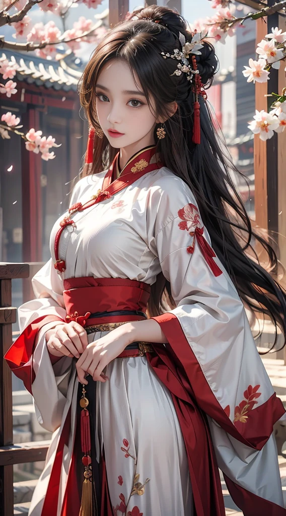 Photorealistic, High resolution, 1 woman, hips up high, Beautiful eyes, Long hair, Ringed Eyes, Jewelry, The tattoo, Hanfu, chinese fairy, Taoist uniform、Kimono