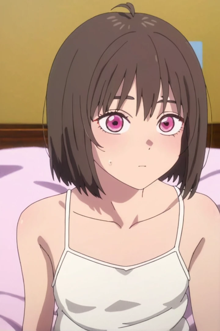 Golden ratio,((masterpiece)), ((Best Quality)), (Ultra-detailed), Anime style, Cute , 1girl in, Solo, 8k, sitting on the bed , no pant,no bra , young girl , flat chest, bare shoulders, black hair, Kyoto animation quality,Kyoto animation detail,