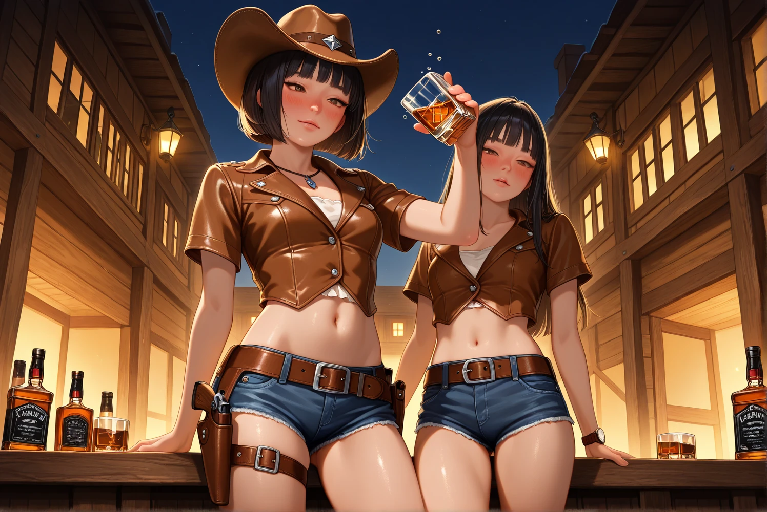 (((1 person:2.0))),(((NSFW:1.5))),((Nude:1.5))),(((naked:2.0))),(((Slim body:1.5))),(((Put a gun belt around your waist and put a gold pistol in a holster:1.8))),,((Wear a wrist watch:1.5))),(((Showing cleavage))),(((Exposed thin inner thighs))),(((Small breasts:1.5))),(((nakedの腕))),(((Wearing boots:1.5))),((Blushed face:1.5)), Beautiful detailed girl, Very detailed目と顔, 緻密でBeautiful Eyes, Very detailed, High resolution, Highest quality, masterpiece, Very detailed, 8k wallpaper, wonderful, finely, Highest quality,(Standing in front of a wooden wall),Beautiful Eyes,((Engage your audience:1.2)),((Cowboy Shot:1.5))),((Full Body Shot:1.8)),((Put your right hand on your chest:1.5)),((Drinking whiskey:1.4)),(((Drunk,Strong hiccups:1.8))),(((Are standing:1.2)))