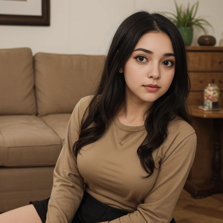 "A beautiful 24-year-old Caucasian woman with long black hair is sitting on a sofa in her modern apartment. She is wearing an olive green top with a deep neckline and buttons, which highlights her lightly tanned skin and her slim, curvy figure. The modern living room is elegantly decorated with contemporary furniture, creating an elegant and cozy atmosphere. The soft, white lighting of the room adds a warm glow to its appearance. The image must be very realistic and have been taken with a professional camera, capturing. every detail. . from the textures of her clothes to the elegant decoration of the room", thicc body, pawg