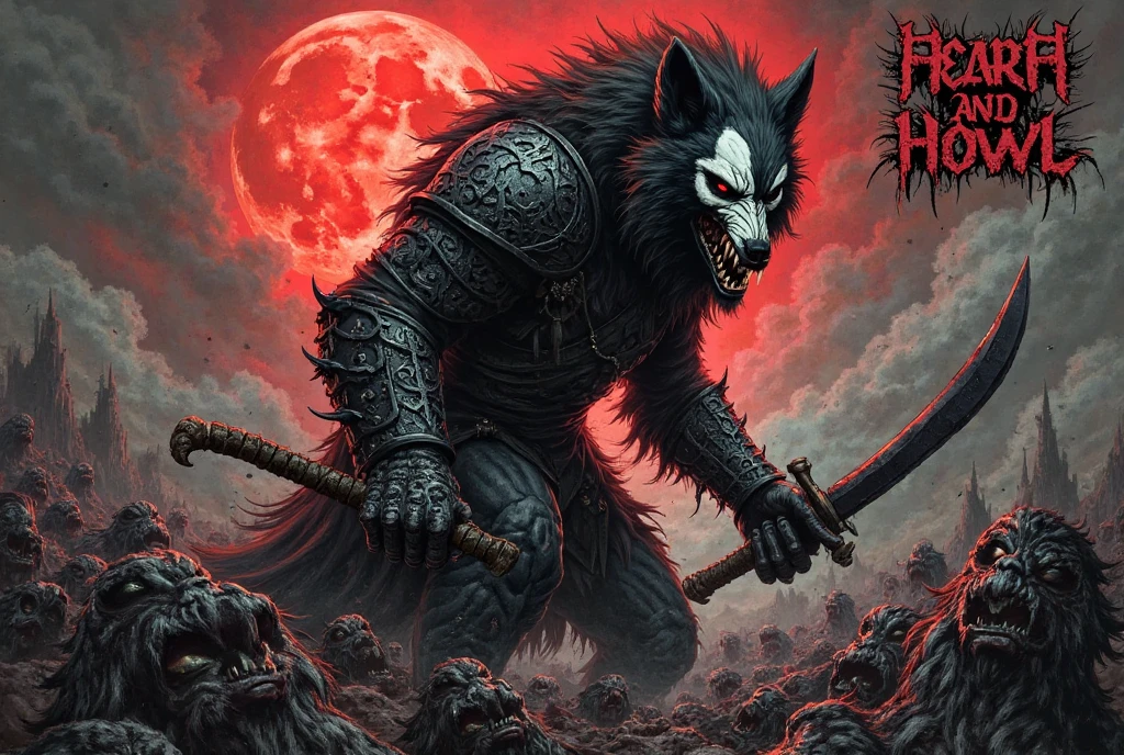 RageALot, the Fallen Beast is a legendary werewolf warrior and the founder of the Wolf Clan. He is an old man with white hair and beard, big white sharp fangs and his left eye scared from battles, wearing a white torn leather fur with blood spots and a dark cloak. He carries a katana and a spear. He has a big madman smile. He has a neck Tattoo.

The field is covered with blood and corpses of soldiers who died in the battle. The sky is dark with full moon, and lightning flashes occasionally. Isshin emerges from Genichiro’s body after he sacrifices himself to revive him using the Black Mortal Blade. He respects Sekiro as a worthy opponent and challenges him to a final duel for the fate of Ashina.
moon, dark theme, light, fantasy,