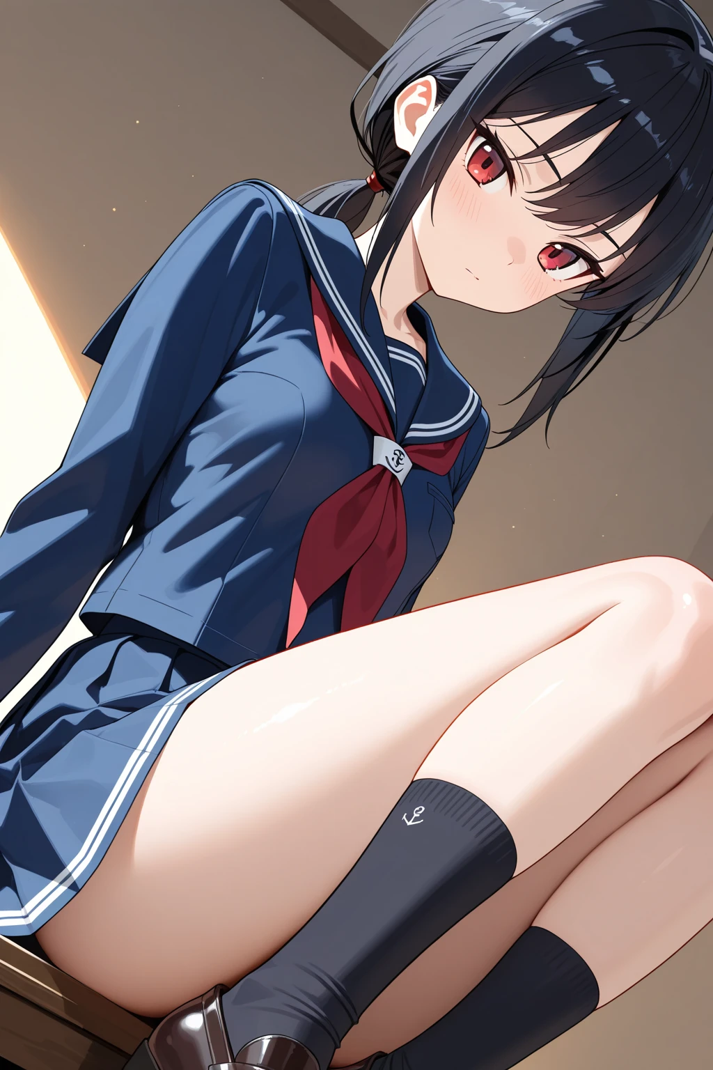 good, Wet, From below、Small breasts、Embarrassing、 15 years old、gym storeroom、(masterpiece, best quality:1.2), illustration, 8k, hd, 1girl, solo), long hair, single braid, shigure, ahoge, brown hair, blue eyes, braid, hair ornament, hair over shoulder, long hair, single braid, hair flaps, black gloves, black serafuku, black shirt, black skirt, fingerless gloves, gloves, neckerchief, pleated skirt, red neckerchief, sailor collar, , serafuku, shirt, skirt, white sailor collar, gym storeroom