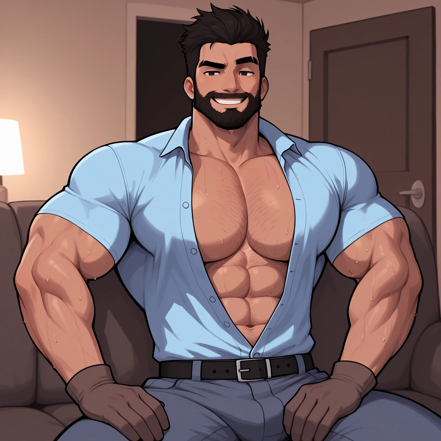 20 years old, big eyes, male, stubble, short hair, huge muscles, exaggerated muscles, mature man, muscle swelling, bodybuilding, pectoral muscles, abs, sitting on blanket, gift streamers on the courier box, express box, sky blue shirt, open shirt, khaki white wide-brimmed sweatpants, high-top sneakers, natural light, wet body, wheat-colored skin, 1man, tattoo on forearm, large number of courier boxes on blankets, express boxes stacked up, legs stretched forward,