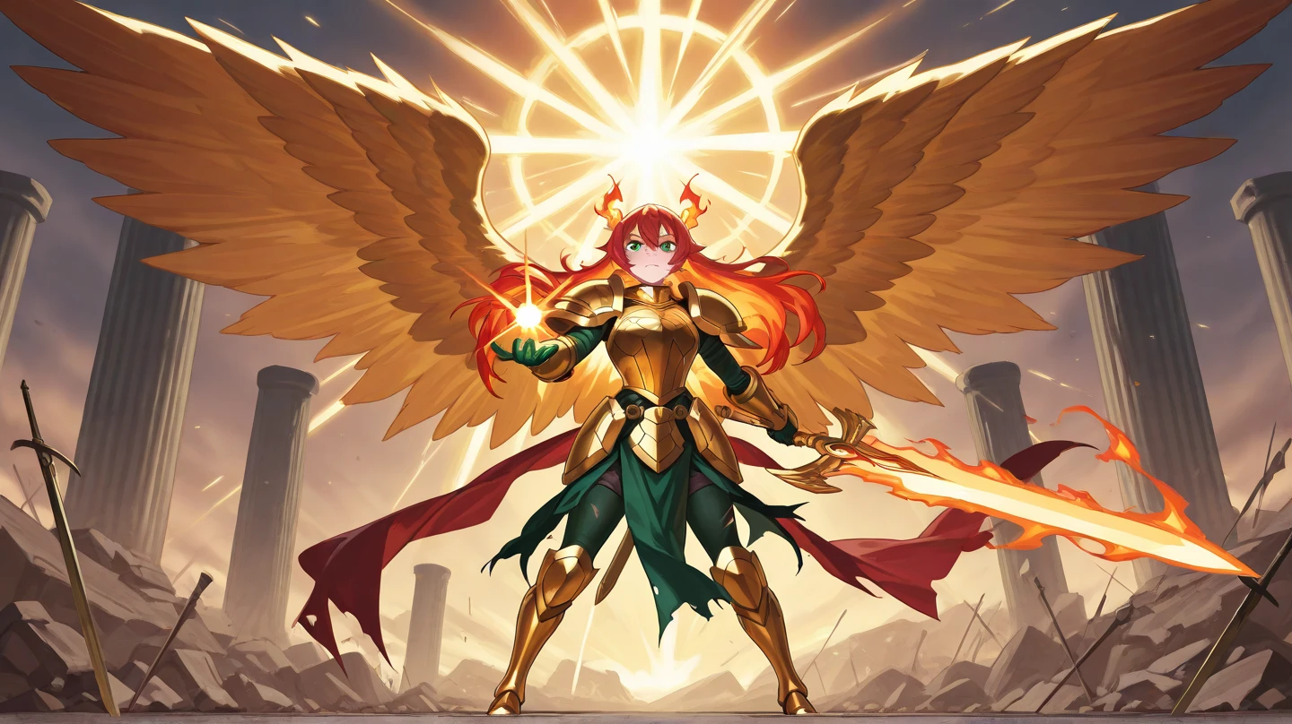 (masterpiece), (high quality) , (4k), inside of cave background ,(vivid colors), beautiful face, anime styled face, anime styled body, detailed vivid colors in background, full body, nude, (anatomically correct), small breast, golden winged breastplate armor, (golder armored breastplate) golden armored thong, torn feathered cloak waving in wind, petite body, nice legs, long red flowing hair to back, Valkyrie helmet, golden prosthetic left arm, golden naginata in left hand, standing in puddles,