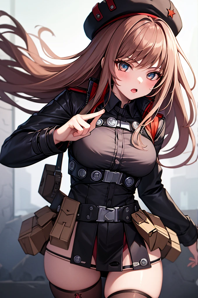 best quality, masterpiece, highres, solo, (ceobe_arknights:1.10), 1girl, black jacket, black skirt, chain, ears through headwear, hat, long sleeves, official alternate costume, open jacket, open mouth, red gloves, shirt, twin braids, white headwear, :d, cowboy shot, looking at viewer, oripathy lesion (arknights), simple background, white background, fangs, food, hands up, scarf, 4 <lora:ceobe_arknights:0.80>