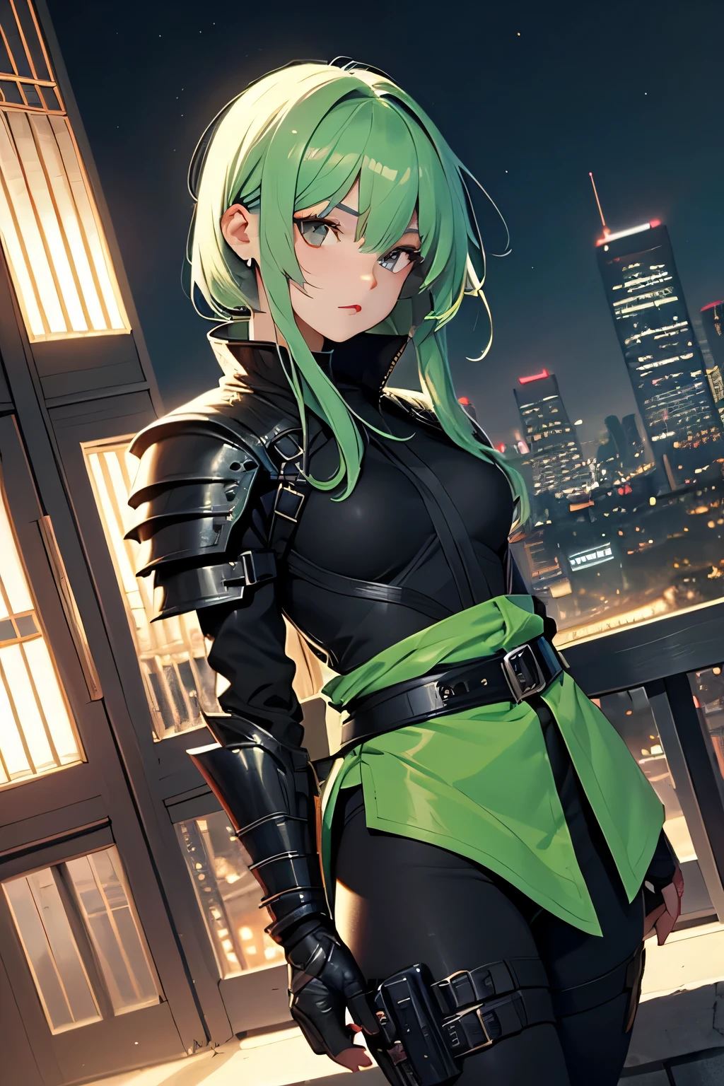 Imagine an 18-year-old girl, cabelo preto longo , com franja na testa, wearing modern-looking ninja armor with the classic Metal Hero Tokusatsu style. The color of the clothes is predominantly black with small details in light green. She's on top of a building at night (Angle 1.2)(Vista frontal) (Dutch angle)