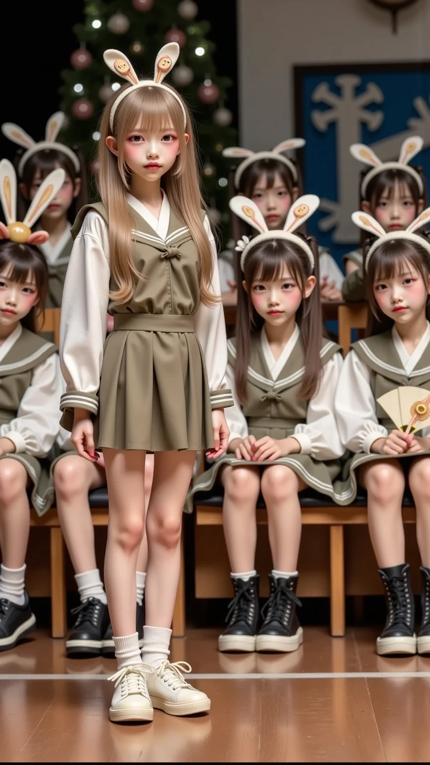 (masterpiece, best quality), (ridiculous:1.2), (Super detailed, 8k, ultra high definition:1.2), (Beautiful 4girls and handsome 4boys:1.3), young, Slim, (composition), blush, a happy expression, dramatic lighting, (short and small, Petite figure), (group picture, gather, friends), (multiple boys:1.2), looking at the audience, permanent, sitting, pose, Uniforms, (Many loving couples:1.2), V sign