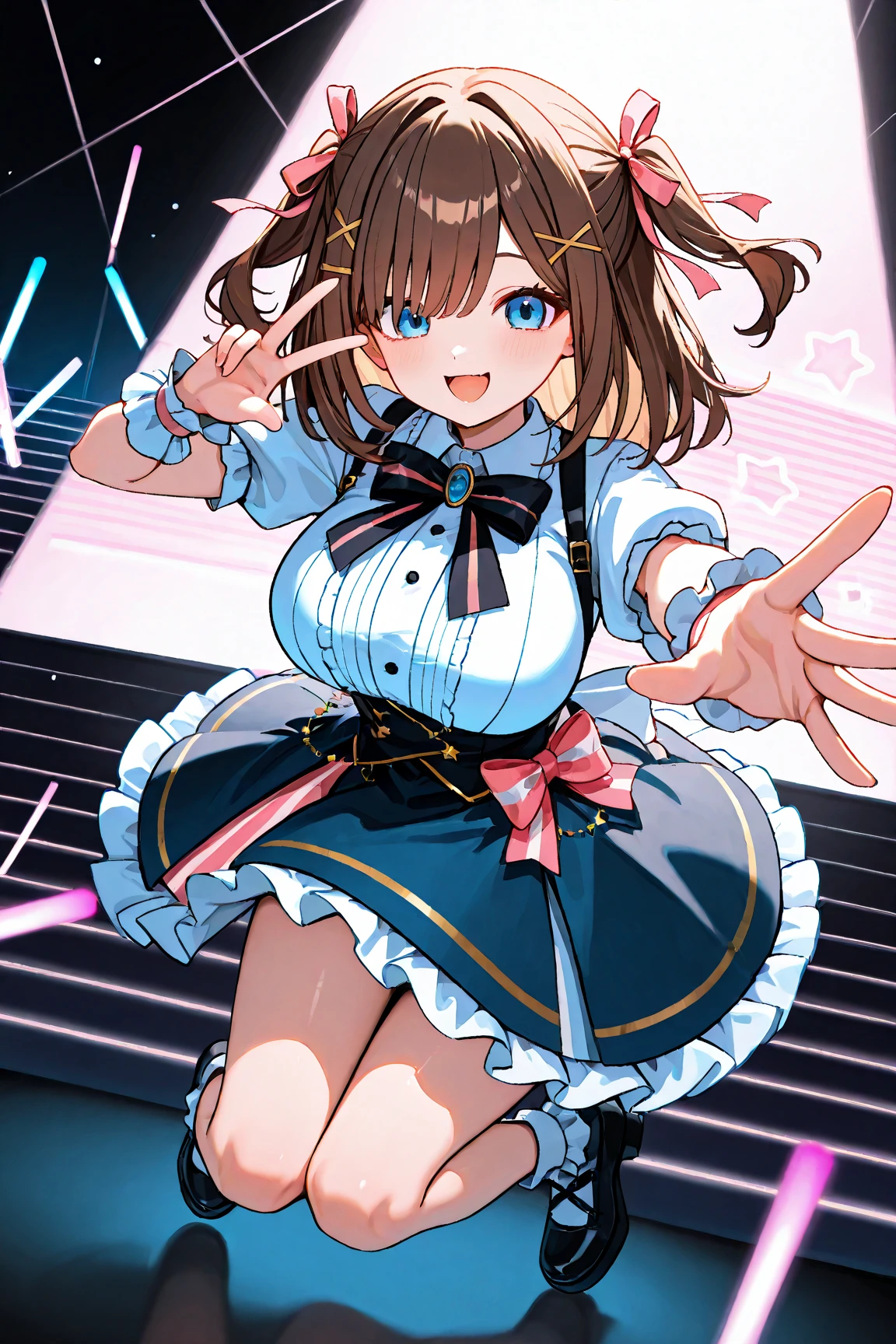 ((masterpiece)), ((best quality)), (ultra-detailed), anime style, Live performance venue, a cute girl, 1girl, solo, playing the guitar00, bunny girl00, ((beautiful eyes))0, smile