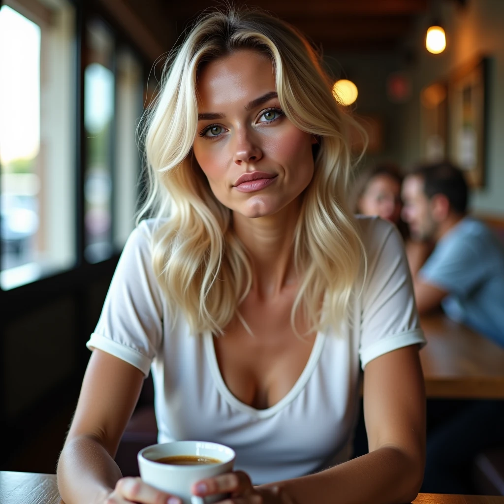 hyperealistic photo, A beautiful blonde woman with long hair, wearing a white tank top and jeans, sits in a coffee shop near a window, having breakfast on a table, looking at the camera, with high details, in the portrait photography style, using natural light. detailed face, 8k