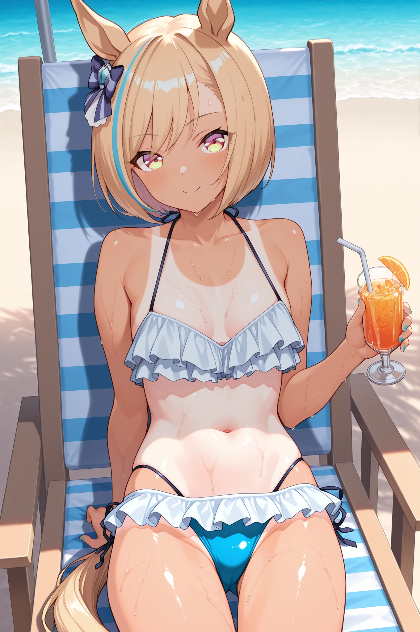 m1tsuk1, ((short blonde hair, , glowing red eyes, makeup, narrow waist, skinny, medium breasts)), pelvic curtain, ((white bikini)), full body, perfect body, (insanely detailed, beautiful detailed face, masterpiece, best quality) , (((solo))), (((1robot))), (((mature))), (extremely detailed 8k paper CG wall unit: 1.1), (beach, beach chair, dusk), (smile face for the viewer), holding ice cream, popsicle in mouth, parted lips