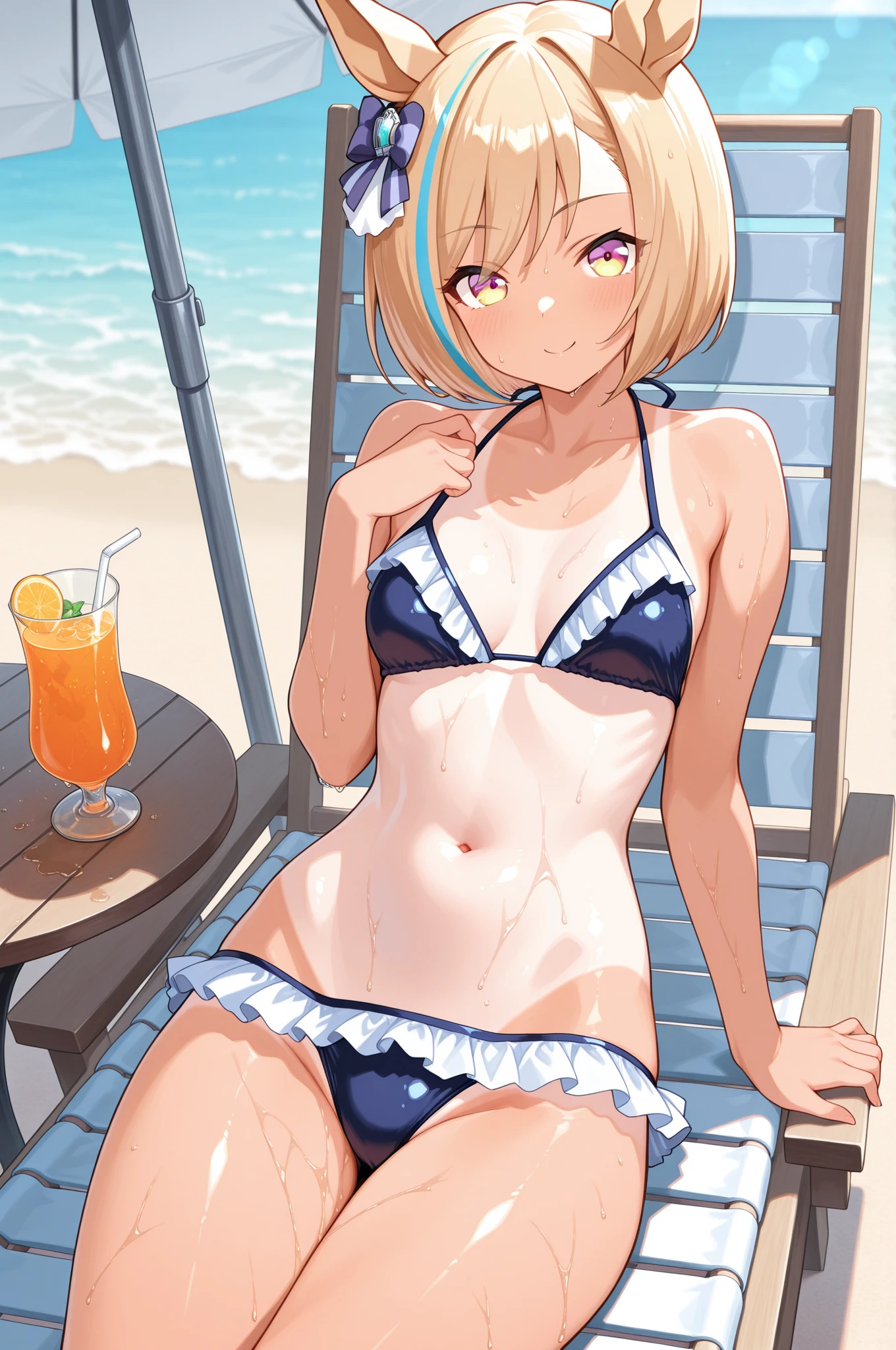 Saber character from the anime Fate Stat Night In a short bikini on the beach eating ice cream with her chest dirty with ice cream