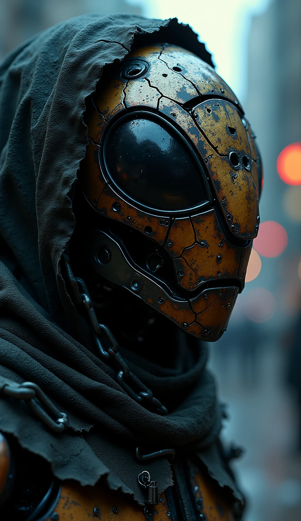 A close-up of a lone insect ant, a robot soldier, half of whose face is hidden in shadow: a metal exoskeleton made of durable plate armor made of a lightweight nanocomposite alloy, faceted cameras - multispectral sensors (IR, night vision, thermal imager) located on the sides, like a real ant, but with enhanced detail, a central optical module – A powerful eye camera with a laser designator or a miniature sight, radar antennas are flexible sensor rods for communicating with the swarm and scanning the terrain. His war-scarred ant-soldier head froze for a moment in ominous silence. His metal mask is cracked and rusted, its once pristine surface now worn away by time and battles. One eye glows faintly, flickering with the last remnants of energy, while the other is broken, and thin electrical discharges stream into the cold air. A deep scar crosses his artificial cheek, the traces of past conflicts are etched into his very being. His lifeless figure is framed by the tattered remains of a cloak, the edges of which are frayed and intertwined with broken chains barely holding on to his massive body. The glow of distant fires and the flickering city lights cast deep shadows on his features, in stark contrast to the faded red highlights that highlight the battle-worn edges of his armor. Digital distortion is in the air, and the intermittent whispers of long-lost comrades can be heard through the static. The camera lingers on him - the dense framing highlights the details of his mutilated figure, the depth of his silent grief. Every tiny dent, every broken wire, every flickering light tells the story of a warrior who survived his war, kneeling in a moment of quiet, obsessive reflection.
