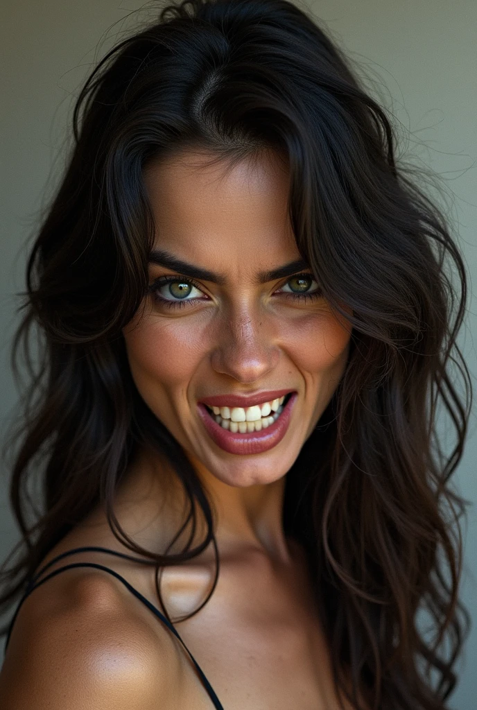Create an image of a stunningly beautiful sexy Psychotically crazy girlfriend, Stunningly gorgeous perfect face, psyco smile teath showing, large psyco crazy eyes, extra large pupils, long messy hair, sexy lingerie,