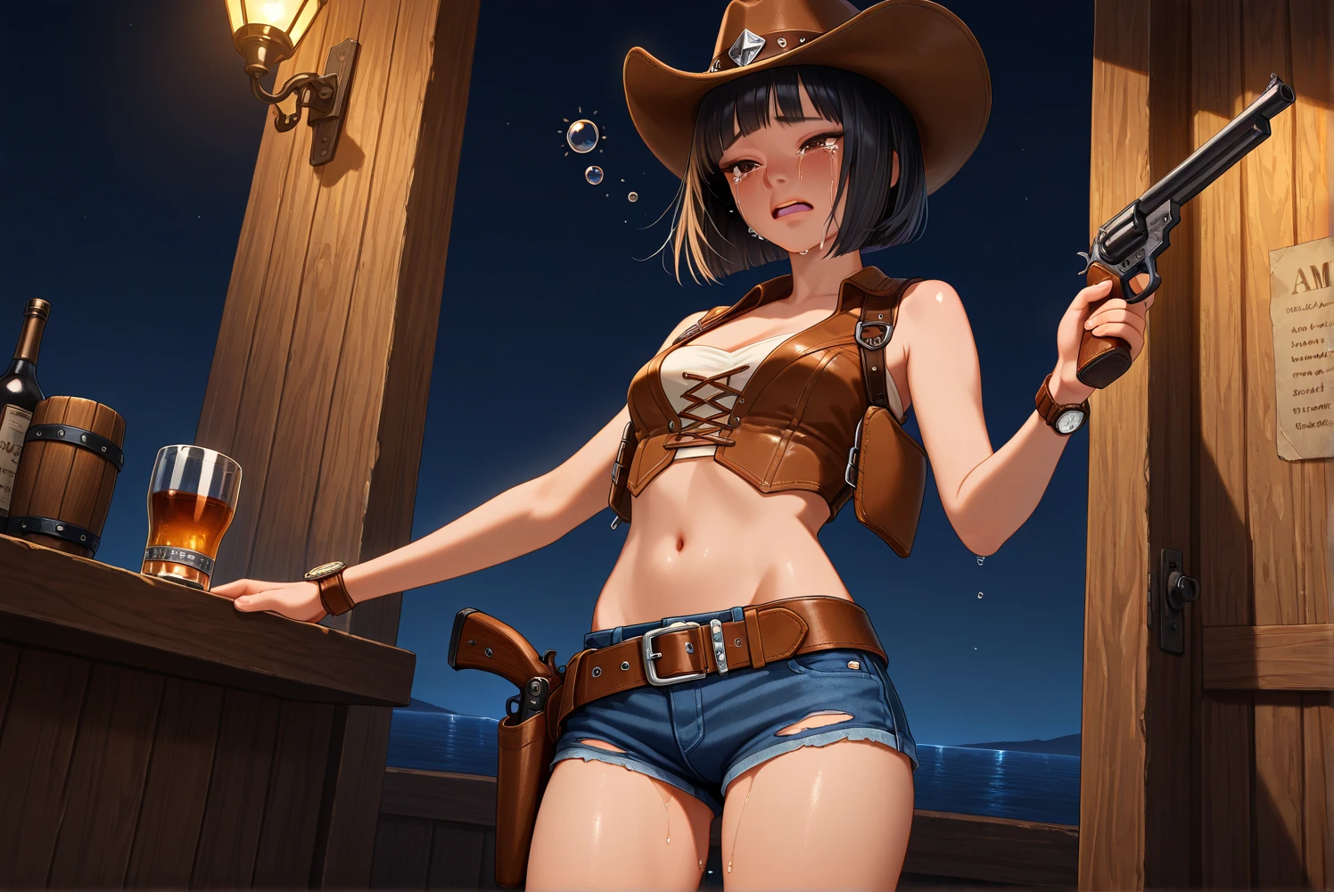 (cowboy shot), (Perfect Anatomy, top-quality、The ultra -The high-definition、high resolution、extremely details CG、8K Unit Wallpapers), mature 20-year-old, solo, Beautiful detailed eyes, black hair, short bob hair, blunt bang, (small breasts, slender body, athletic), gleaming skin, oily skin,( punk fashion, leather jacket, tank top、micro shorts), (drive a motorcycle,Harley-Davidson), on road at night, Starry Sky with Mountains and Lake, Jessica Rossier, Inspired by Jessica Rossier, Jessica Rossier Fantasy Art, Concept Art Magic Highlights, Official Artwork, Dream Painting, Ethereal Realm, Atmospheric artwork, dreamy matte paintings, serene endless stars inspired by Ted Nasmith, moonlit starry environments, epic music album covers.