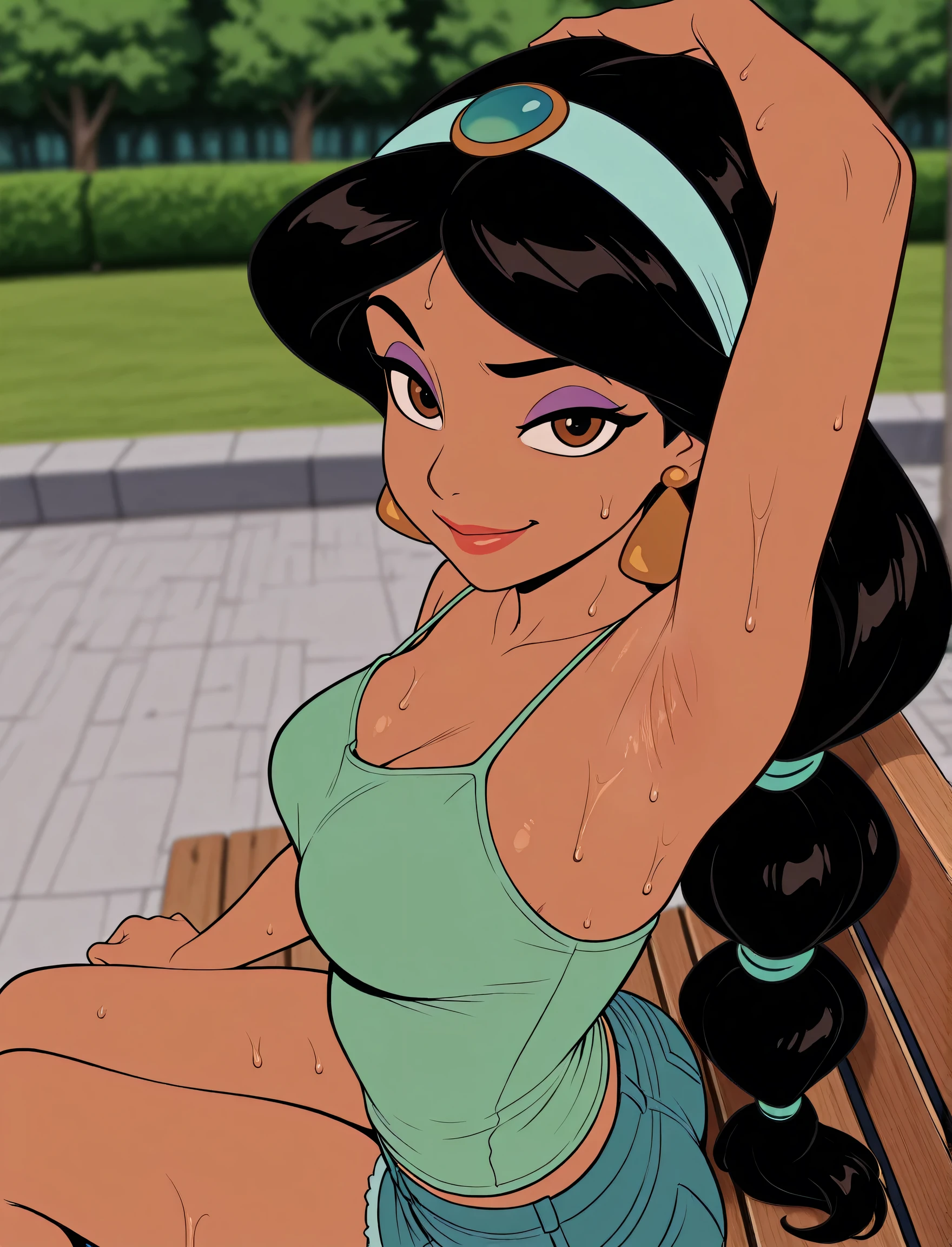 masterpiece, best quality, amazing quality, official style, flat color, blurry background, 1girl, solo, JasmineXL, long hair, black hair, multi-tied hair, brown eyes, medium breasts, dark skin, makeup, earrings, hairband, green tank top, spaghetti straps, skindentation, (sweaty:0.7), arm on head, armpit, armpit focus, head towards viewer, (looking at viewer:1.1), smile, smug, confident, outdoors, day, park, from side, from above, sitting on a bench, short shorts