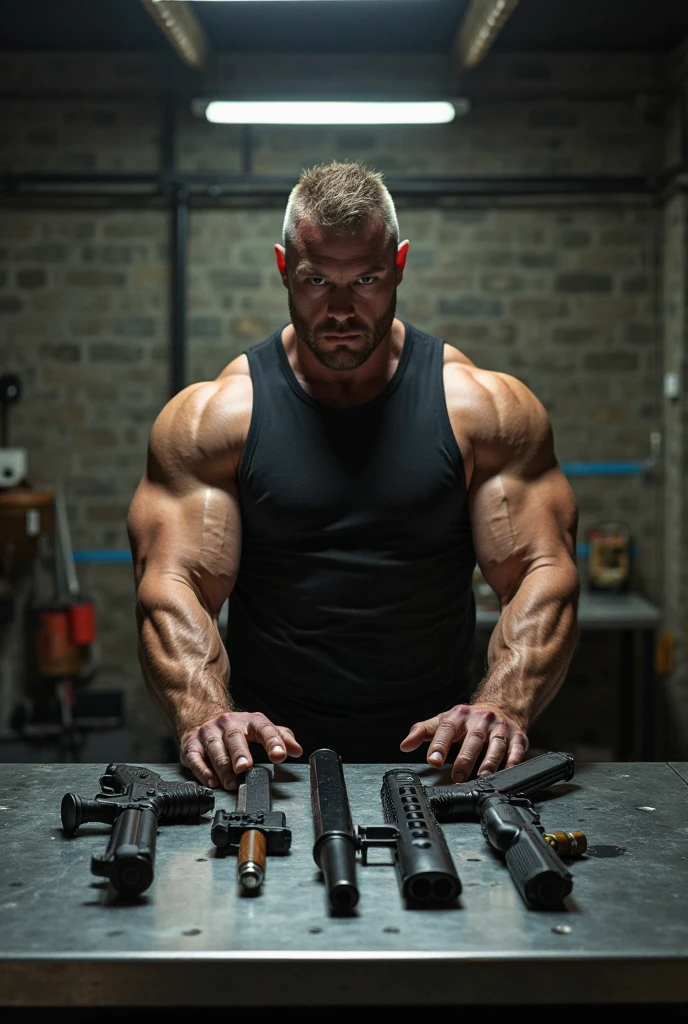 young muscular man, rectangular body, trapezoidal head, with blue eyes, Latin features with a gunslinger-style beard and short silver hair, in short tight underwear, shirtless and tanned skin, posing standing, full body image