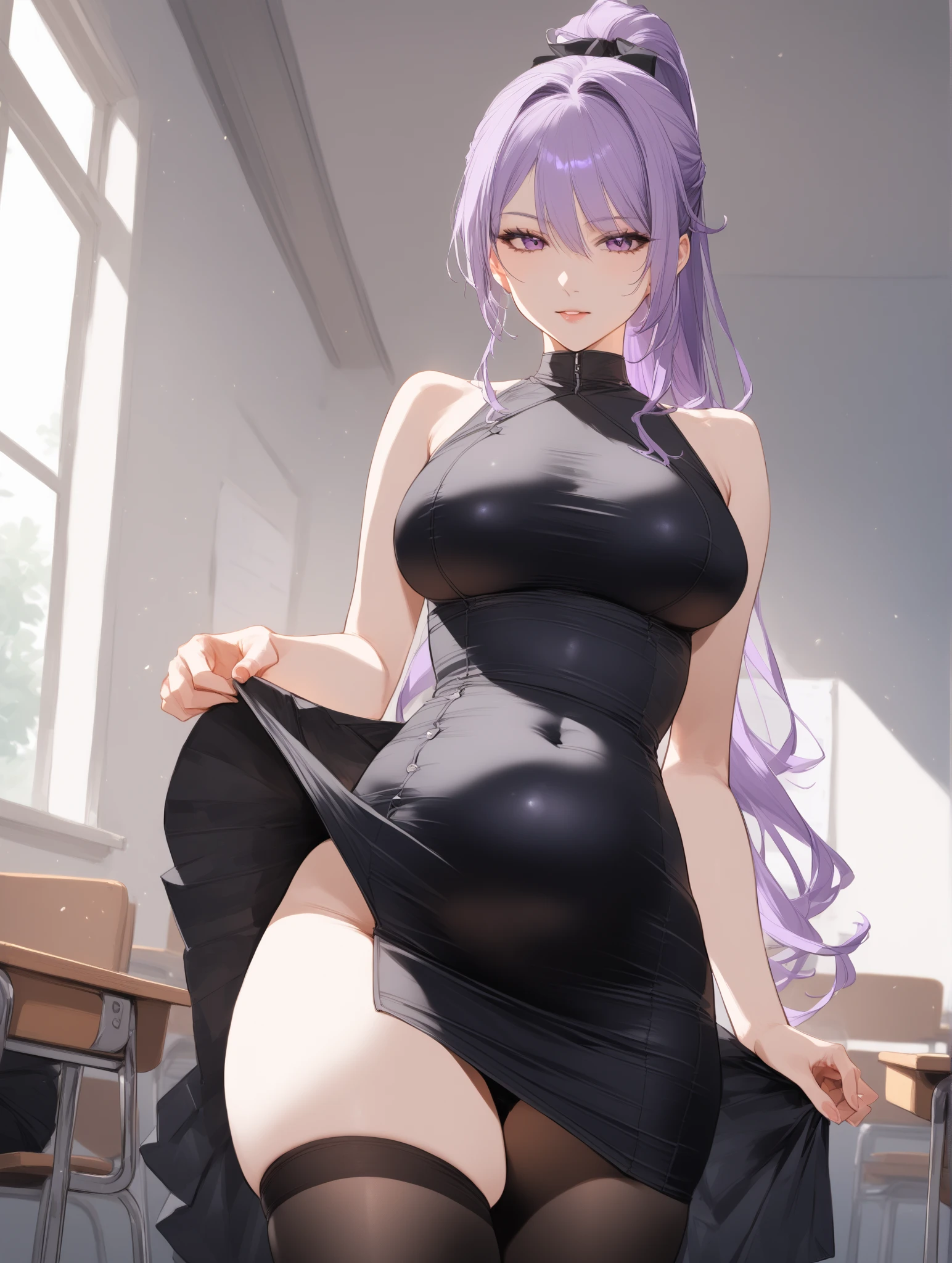 chikafujiwara, chika fujiwara, black bow, blue eyes, blunt bangs, hair bow, long hair, pink hair,
BREAK blue dress, bracelet, brooch, clothing cutout, detached sleeves, dress, earrings, feather hair ornament, feathers, jewelry, midriff,
BREAK looking at viewer,standing, leaning forward, arms behind back,
BREAK indoors, classroom,
BREAK (masterpiece:1.2), best quality, high resolution, unity 8k wallpaper, NSFW,(illustration:0.8), (beautiful detailed eyes:1.6), extremely detailed face, perfect lighting, extremely detailed CG, (perfect hands, perfect anatomy),