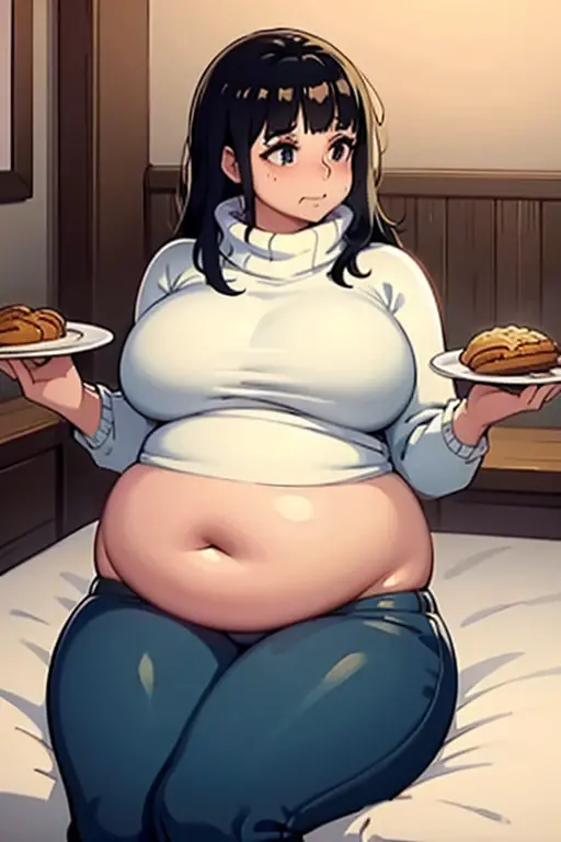 fat, obese, overweight, big belly, sweater, Christmas, fat, table with food, sitting, fat, big belly, ponytail, kanao tsuyuri