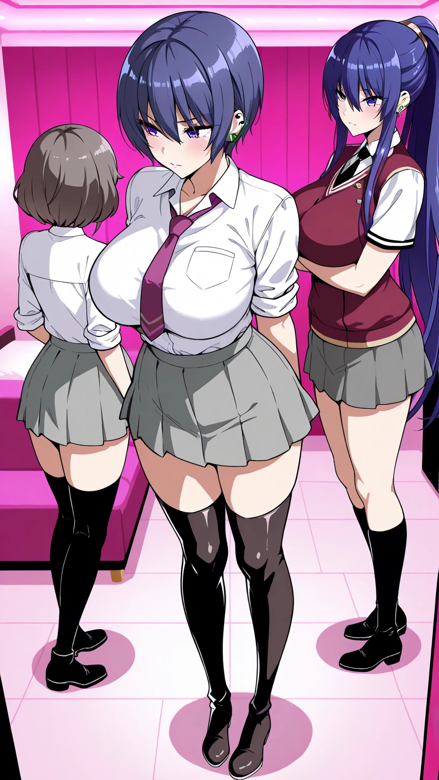((3 girls:1.5))、laughter、blush、shirt、のskirt、、((fun!))（small breasts）、chiralism、black hair、()、(黒いskirt:1.3)、bow, button, 襟の付いたshirt, long sleeve, マイクロskirt, プリーツskirt、(Jacket)、 skirt, socks, thighs, 白い shirt, ((classroom:1.5))，(skirtを掴む:1.5)、 (perfect hands, perfect anatomy),cowboy shot、(skirt lift:1.3),(highly detailed white panties:1.3)、(highly detailed panties:1.3)、、(skirt that rolls up:1.3)、(fully exposed panties:1.5)、