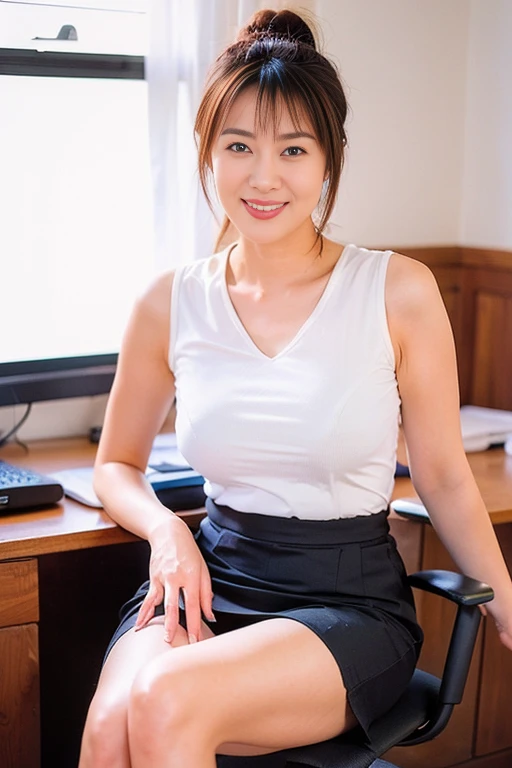 ((Best Quality, 8k, Masterpiecedetails, ultra-high resolution)), (looking at the viewer), (full shot:), attractive business 1 milf laying down on office, desk, a bit chubby:0.25, white collared shirt, grey skirt, (dog posing on the desk)), smile, office of CEO,
