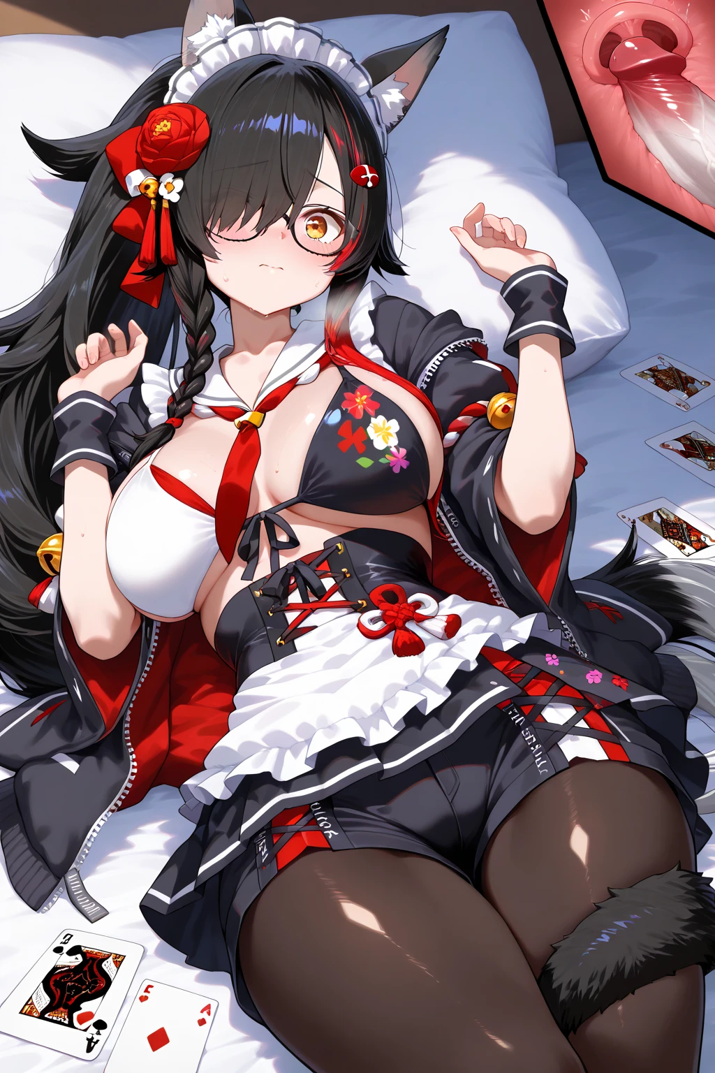 ((masterpiece,highest quality)), (Kitasan black_umamusume),Animal ears, short hair, Striped Hair, hair ornaments, Horse tail,(naked、Covering nipples with hands、Cleavage、Sleeping in bed、Spread your legs、Seductive pose、Reaching for the camera),nice,Long faux fur,hairpin, alone, Shy smile,Looking at the audience,