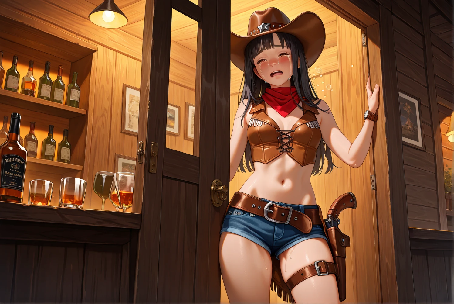 (((1 person:2.0))),(((NSFW:1.8)),(((Nude:2.0))),(((Naked Female Gunfighter:1.9))),(((Wear a gun belt with a holster:1.5))),((Put the watch on your wrist:1.5))),(((Showing cleavage))),(((Exposed thin inner thighs))),(((Small breasts:1.5))),(((Bare arms))),(((Wearing Sandals:1.5))),((Blushed:1.8)), Beautiful detailed girl, Very detailed目と顔, 緻密でBeautiful Eyes, Very detailed, High resolution, Highest quality, masterpiece, Very detailed, 8k wallpaper, wonderful, finely, Highest quality,(Standing in front of a wooden wall),Beautiful Eyes,((Engage your audience:1.5)),((Full body shot:1.6)),((Place your right hand on your chest:1.5)),((Drinking whiskey:1.4)),(((Drunk,Cry:1.8))),(((Are standing:1.5)))