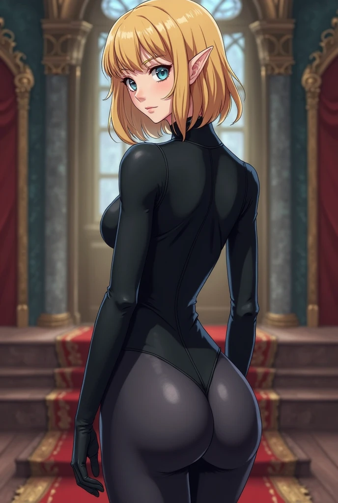 High resolution, Very detailed, perfect lighting, beautiful detailed eyes, ((masterpiece,Best Quality)), absurdities, alone, princess zelda, by the width, crown braid, Hair clip, pointy ears, corset azul, long sleeves, Gloves without fingers, black gloves, tight latex pants, smile, curves, nod, , deep neckline, deep neckline, NSFW, visible nipples, tight latex pants, view from behind, view from behind, big butt, big butt