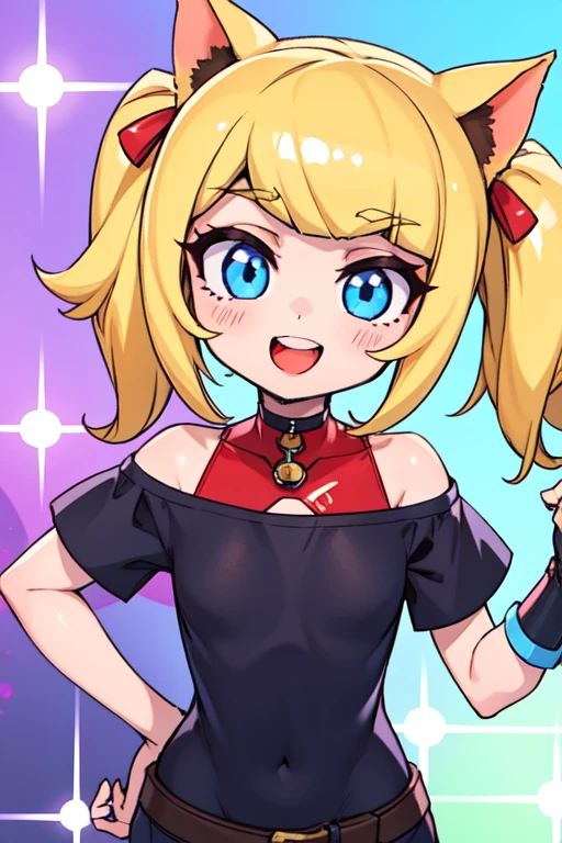 Realistic、masterpiece, 1house wife、blonde hair、twin tail, red eyes, (eye focus:1.3,face focus),(Gradient eyes:1.3),(mini skirt)、open mouth,(grin:1.3),forehead,cute face、((Thick thighs、Beautiful thighs)), A condescending gaze on the viewer,((Raise your arms, Wrestler