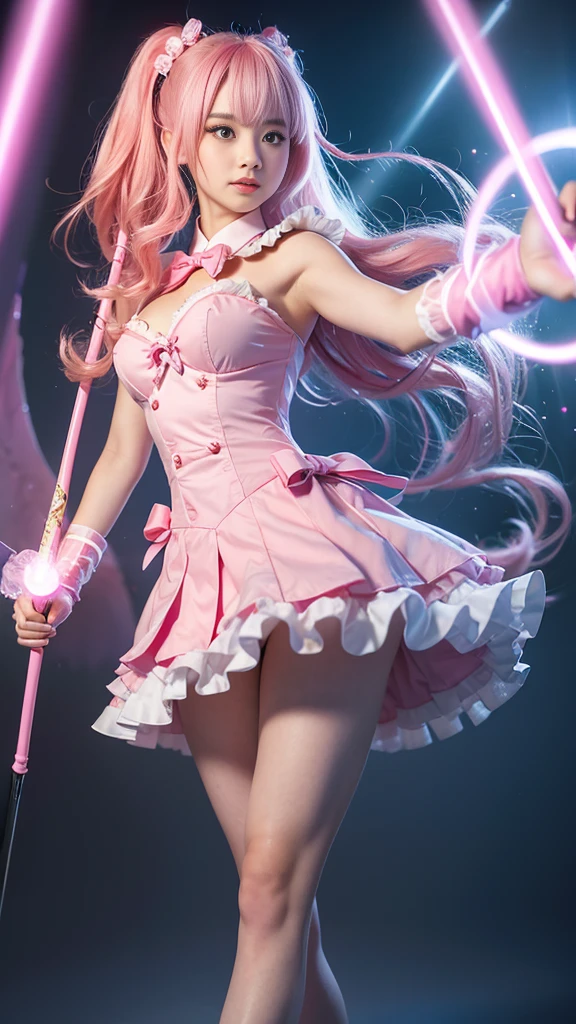 Girl with pink hair, , ゴージャスなMagical girlの衣装, Pink Eyes, Well-formed face, Pink dress with ribbons and frills, I have a magic wand in my hand, The tip of the wand is a glowing pink heart., Designed to look like a bow and arrow, Magical girl, Panty shot, A little bit of underwear is visible.