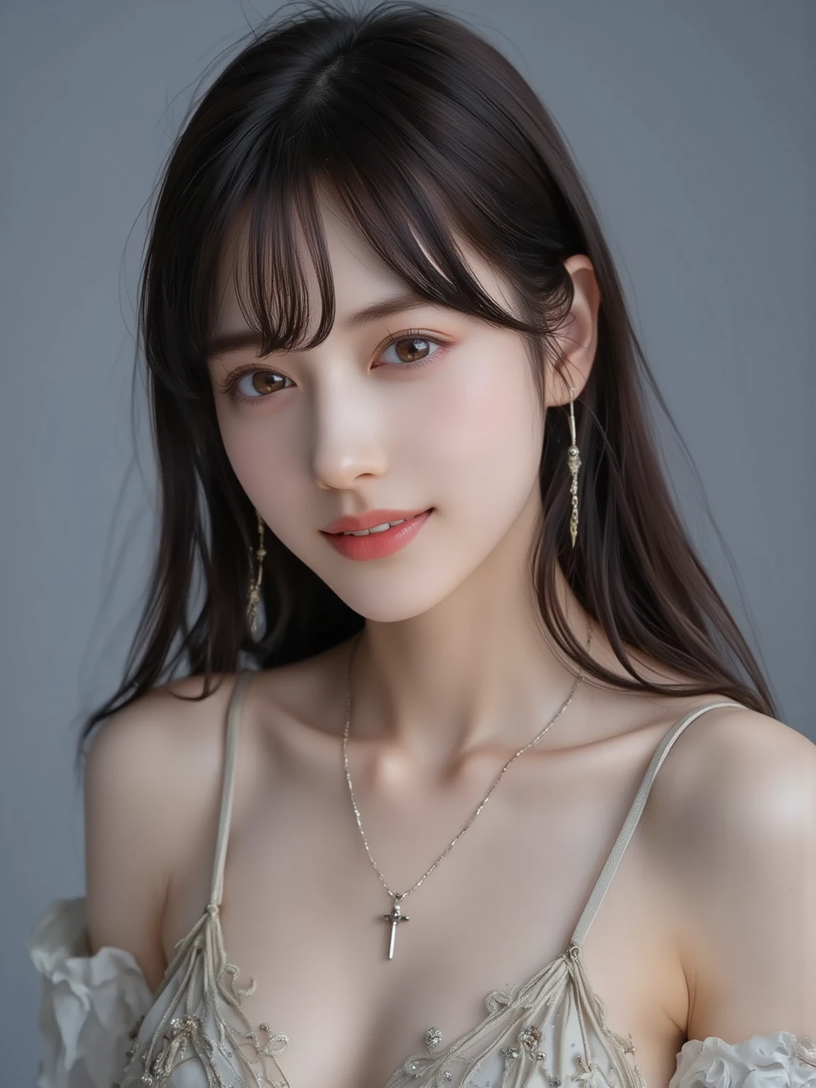 Highest quality, (beautiful)、A flashy black mini dress with shoulder straps、Larger breasts、Brown Hair、looking at the camera、squat、Close-up、Selfie、pub、tiara、necklace、Earrings、night、Dark Room、Dim lighting、No windows、smile、Shoot from above