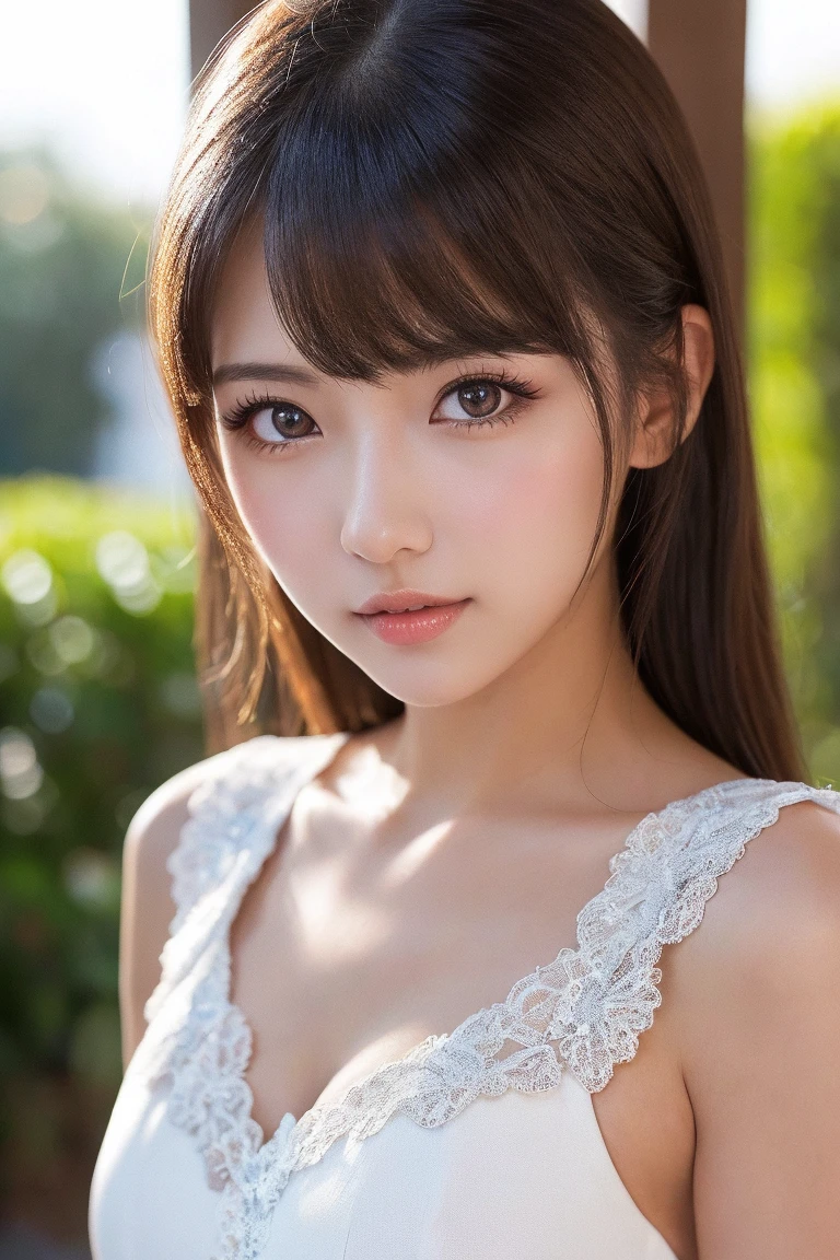 highest quality、Ultra-high resolution、Delicate beautiful girl、Young Japanese women、10th Generation、(Medium sized breasts)、Looking、Detailed facial details、Beautiful double eyelids、Brown Hair、Light blue eyes、Slender、smile、Light red lips、Very thin clothing、