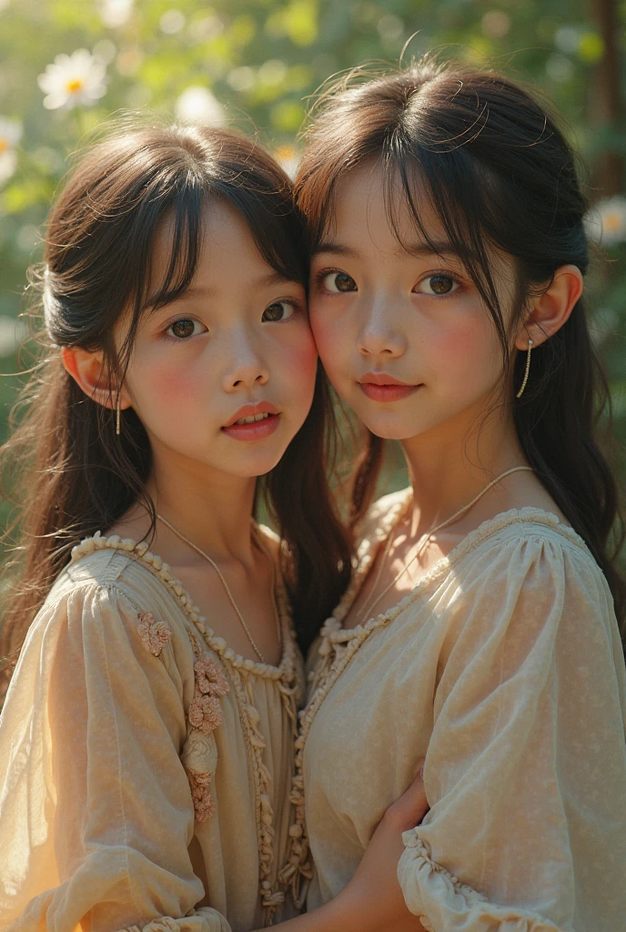 brunette girl,long hair,Wearing a white sweater, Wearing a cute scarf, sick with a cold, cold, , a cold, cute bangs, 2 girls,twins,5 year old Chinese child,Highly detailed facial and skin textures,delicate eyes,double eyelids,Hanfu,full-body shot,Pink Hanfu,Beautiful long black curly hair
