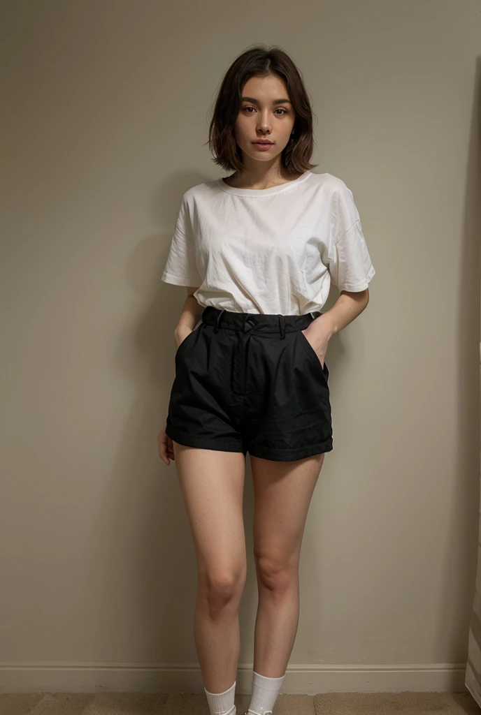Dark brown hair、Light brown eyes、Japanese actress、 Lady、I am about 40 years old.........、(Intricate details:1.2)、 (Ultra-high resolution:1.2)、Ultra-high resolution、(Fine-tune)、(Detailed facial features)、Hmph、8k resolution、D cup size breasts、Long Hair、Bright terrace room with sunlight streaming in、Large windows、Extravagant space、relax、、,Full body photo、Head to toe shot、Beautiful feet、black　Loose fit openwork T-shirt、Underwear shorts、Beautiful feet、Bright terrace room with sunlight streaming in、she, household items,   (plant:0.8), Fashion Hub, Very detailed, Very detailed, Realistic, Hourglass Shaped Body, Obscene pose,、Messy Hair、Messy ponytail、Leaning against a wall、I cry a lot、tears、Skin is visible through the knit、White floor、White wall、A masterpiece of transparent painting、
