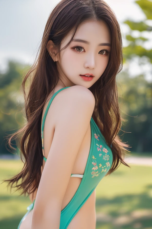 (masterpiece),4k, (ultra realistic), (best quality), (high detailed face),sexy, 1girl, a beautiful japanese girl taking selfie near the river, slim, long legs, (bikini), (flat chested), (black stocking), (green hair, green eyes), (profile view:1.4), (ultra detailed body), (ultra detailed hair), (high detailed hands), photorealistic