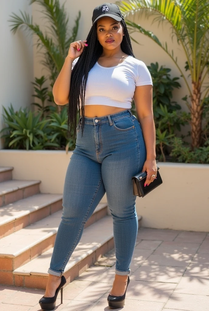 Whole body image Black Woman curvy pear shape body with wide hips, small bust, flat waist, wearing bolero jacket with mint green tee top, grey straight-cut trousers, grey high heels.