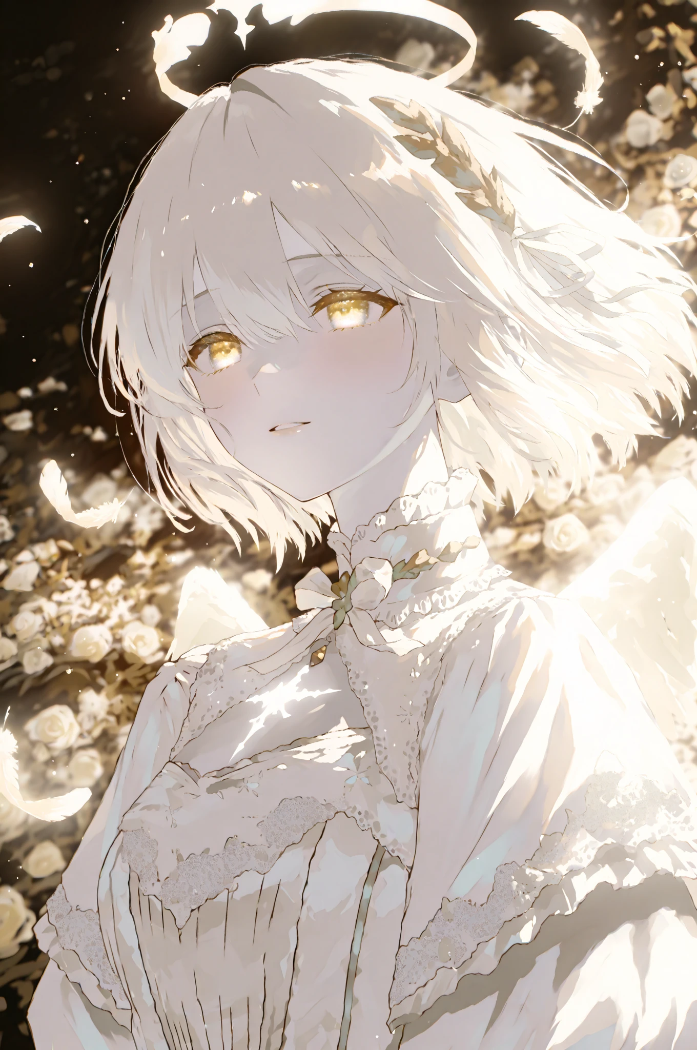 Idol、masterpiece、top-quality、Beautiful expression、absurderes、nffsw、(cowboy shot、White Ruffled Lace Mini Dress、White collar、White ruffle cuff、Particle:1.5)、(bloom、Glow:1.4)、(A smile)、(short gray hair、yellow eyes:1.7)、foco nítido、Photorealsitic、hight resolution、highestdetailed、ultra-detailliert、detailed faces and eyes、Sharp pupils、Realistic pupils、foco nítido、 shinny skin、Black corset、(dark forest、a moon、dark backgrounds:1.5)、Rim lighting、Dynamic, Cinematic lighting、(((tucking up the skirt:1.3)))、(((White panties are visible)))、