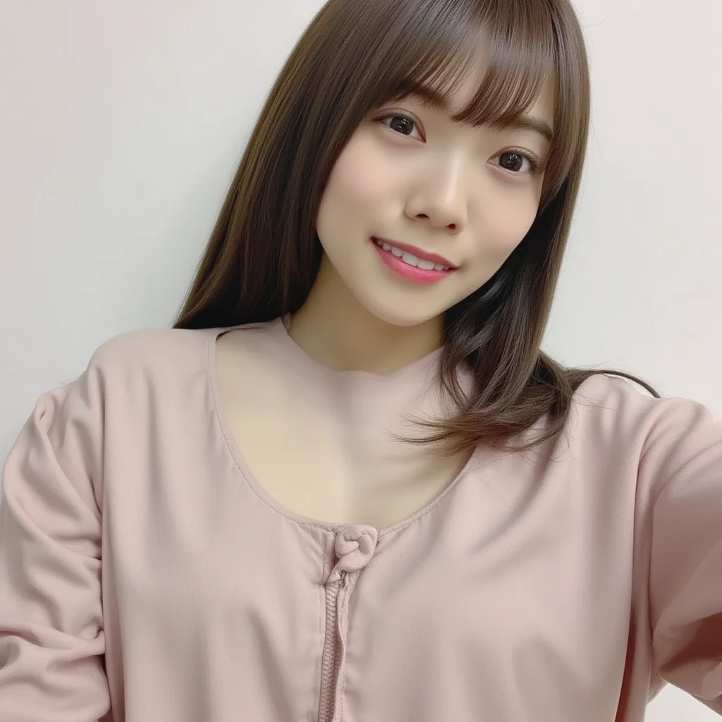 A beautiful Japanese shy girl, age 18 years old, brown hair, brown big eyes, shiny lip, shiny hair, ecstatic expression, wearing sleeveless front button solid white blouse, The background is very blurry, in front of huge window with white curtain, wearing neckless, back light shine in,