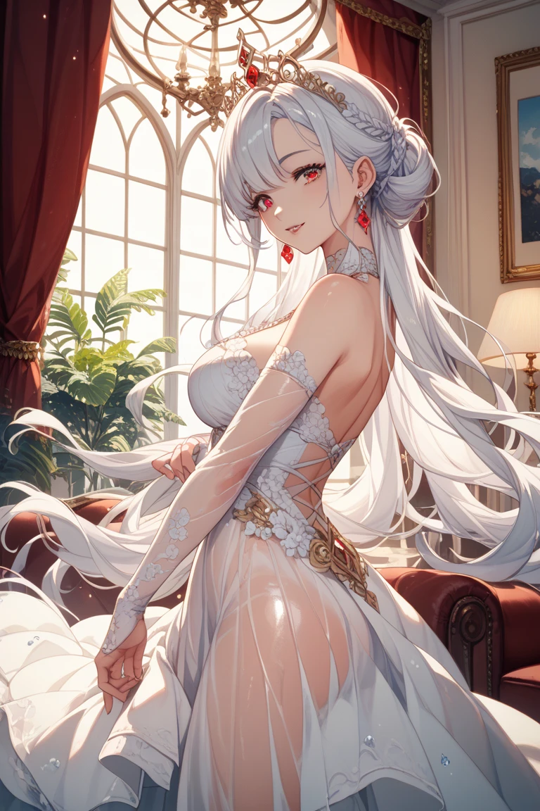 (Highest quality:1.2、Very detailed、up to date、vivid、Ultra-high resolution、High contrast、masterpiece:1.2、Highest quality、Best aesthetics)、Beautiful girl、Perfect body、blush、Closed lipakeup、((Beautiful breasts、tall、Slender Body、Small breasts))、Long silver hair、bangs、((embellished sexy dress))、((I am seducing you))、((logic))