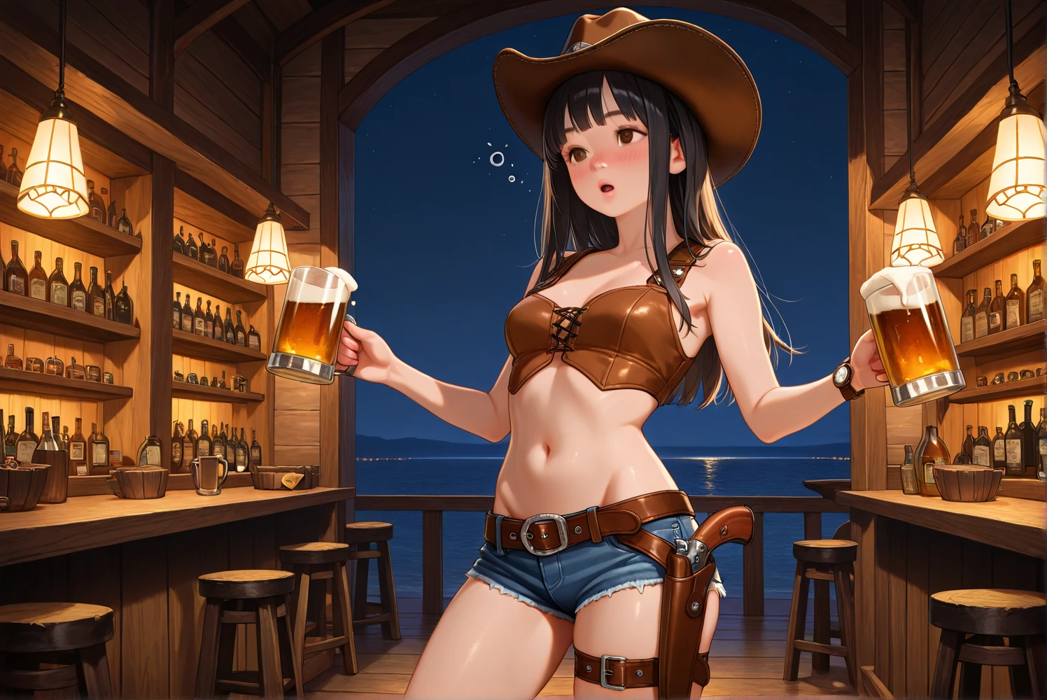 (((One beautiful woman:2.0))),(((NSFW:2.0))),((Nude:2.0))),(((Naked Female Gunfighter:2.0))),(((belt:2.0)),((Wear a watch on your wrist:1.0))),((Blushed:1.8)), Beautiful detailed girl, Very detailed目と顔, 緻密でBeautiful Eyes, Very detailed, High resolution, Highest quality, masterpiece, Very detailed, 8k wallpaper, wonderful, finely, Highest quality,(((Standing in front of a wooden wall:2.0)))),Beautiful Eyes,(((whole body:2.0))),((Drinking whiskey:1.4)),(((Place your hands on your chest:1.5))),(((Drunk:1.8))),(((Are crying:2.5))),(((Are standing:1.2)))