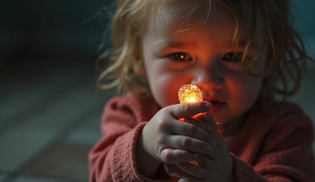 a close-up of a blonde child with long hair, BIG BALL OF electrified ICE IN HANDS. Smoke green.
