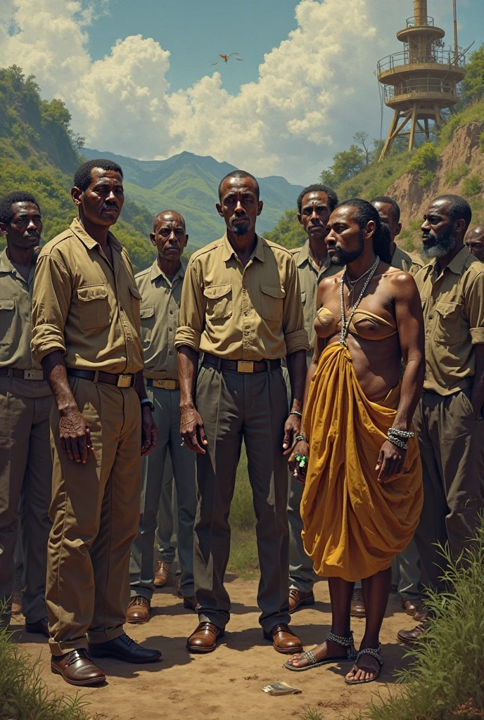 Five half-naked African slaves tied with a rope, descendant un escalier, grandes souffrance, tristesse dans les yeux, corps entier nu, no clothe, pas de coiffe, cheveux noirs, Dynamic scene from the movie Amistad, looking at the 50mm camera, Realistic photo HD, Diffuse light, Rebel Republic Environment, , hyper detailed, Whole size
