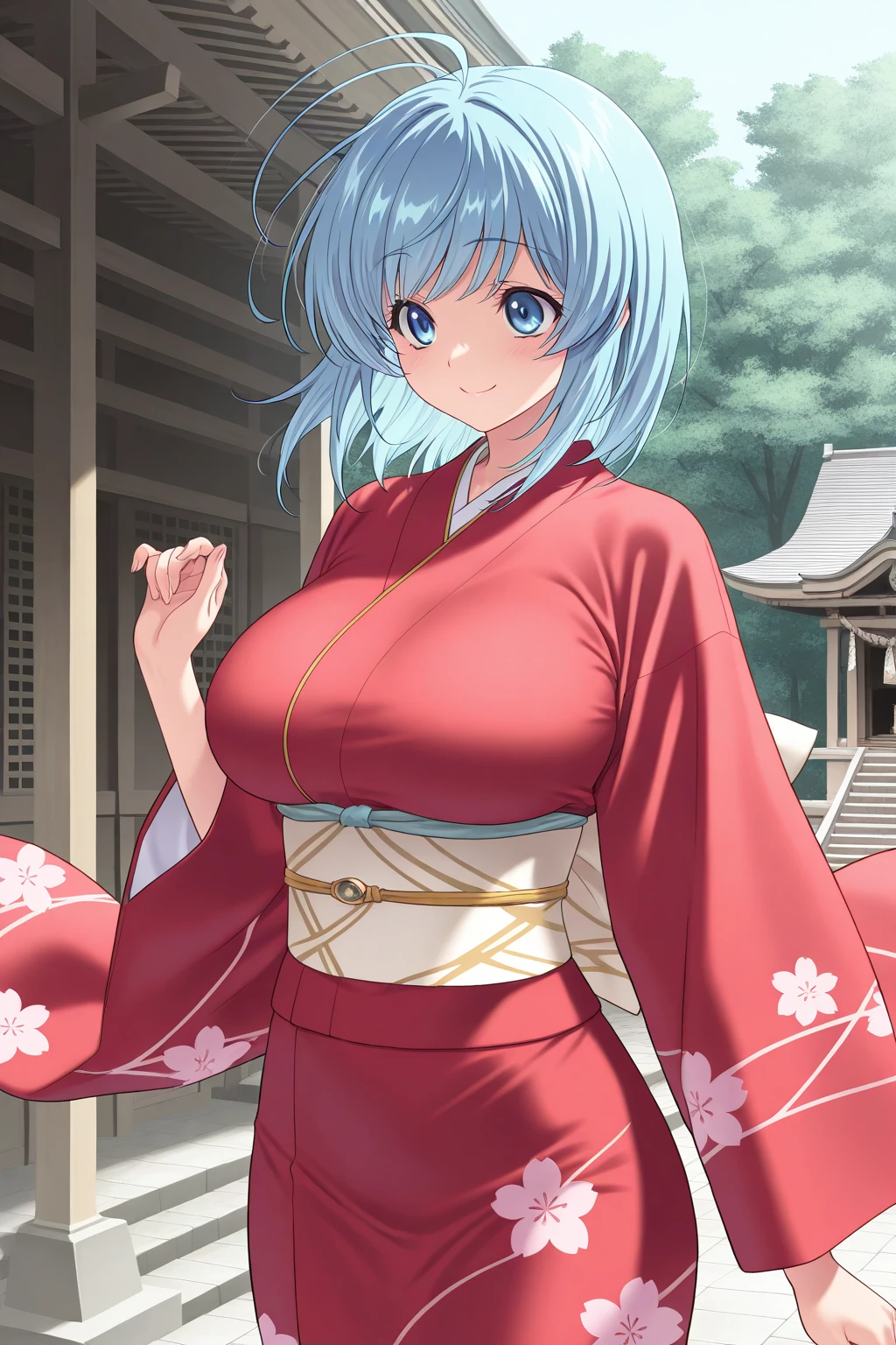1girl, (lisanna strauss)+, :d, animal ears, bangs, bare shoulders, white hair, blue eyes, blush, breasts, cherry blossoms, cleavage, collarbone, egasumi, fingernails, floral print, hair ornament, japanese clothes, kimono, looking at viewer, medium breasts, obi, off shoulder, oil-paper umbrella, open mouth, parted lips, petals, sash, sitting, sleeves past wrists, smile, solo, tabi, tail, cat ears, cat tail, umbrella, ((masterpiece))