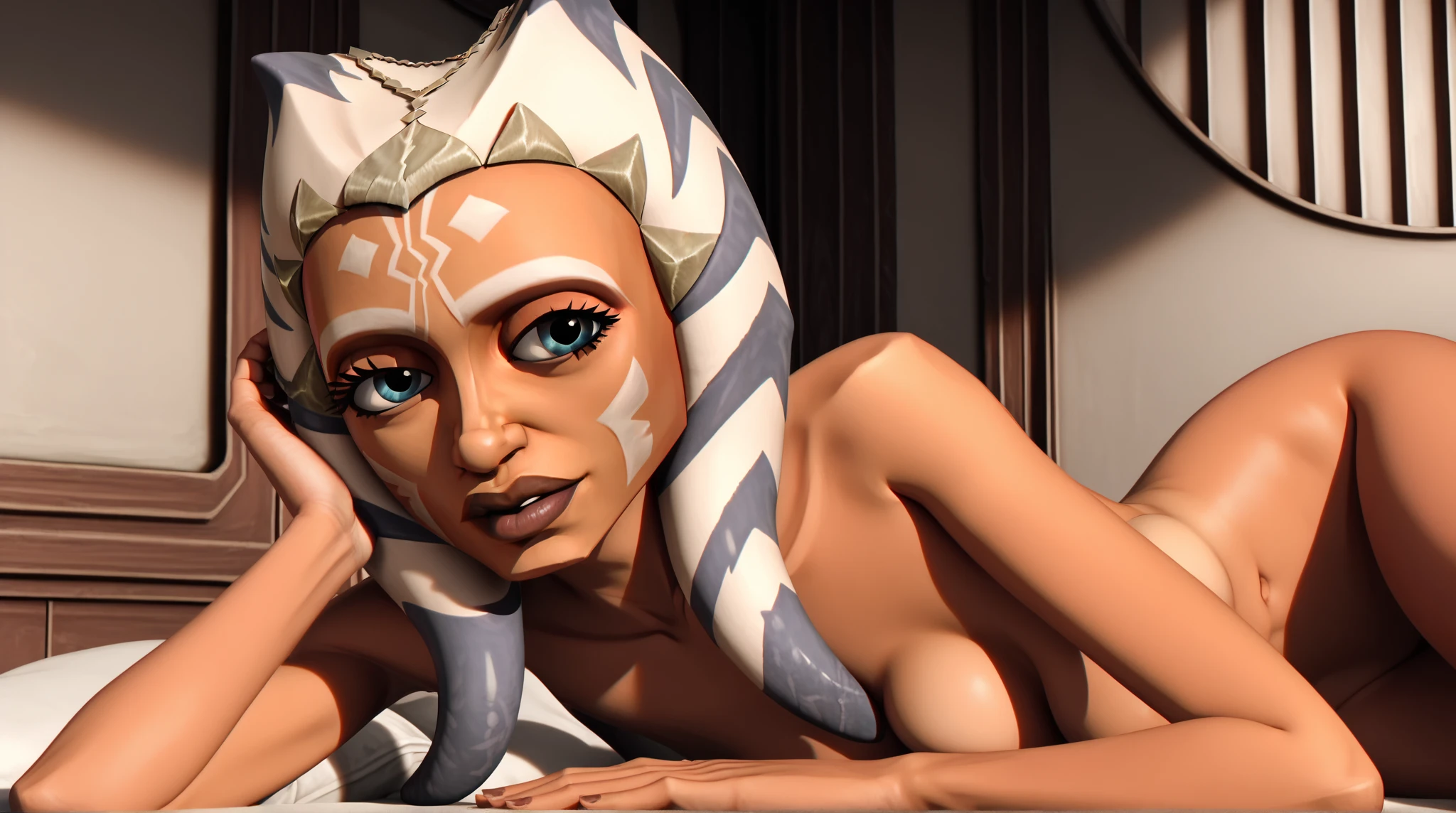 score_9_up, score_8_up, score_7_up, 1girl, solo, mature female, ((adult Ahsoka Tano))(((orange skin color))), long horns, blue eyes, pink lips, parted lips, white tattoos on cheeks, fit slim body, white tattoos on body, ((perfect medium erected breast, erected nipples)), (((nude body, piercing nipples, piercing pussy))), (((highly detailed spa center space, swimming pool,))), perfect model body, wide hips, pumped up ass, orgasm face, having rough sex, perfect pussy penetration, penis penetrating her pussy, seductive look, 