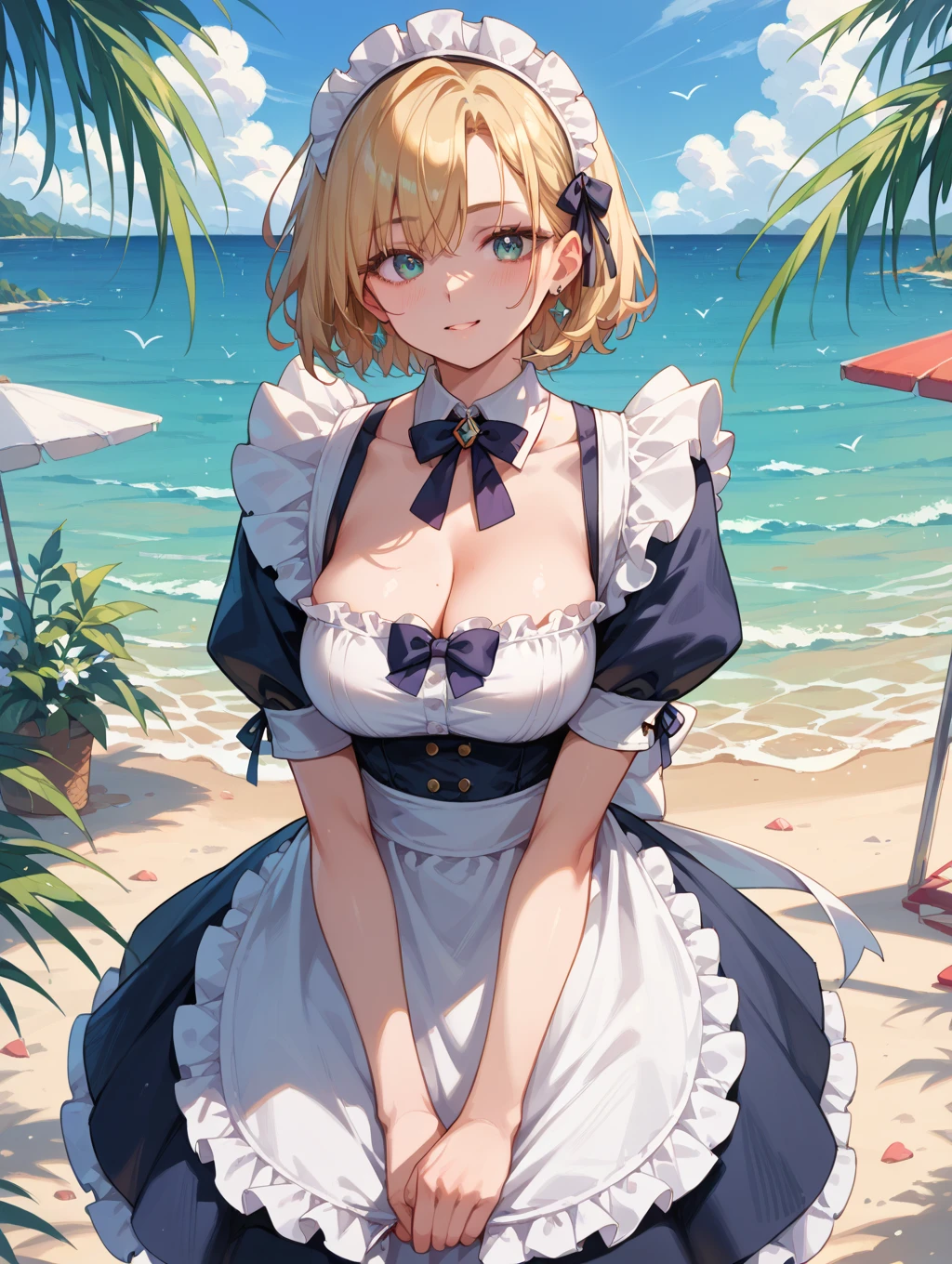 (Super best quality)(Highest quality)(Attention to detail)
Maid clothes, White apron, Headband, (Fashionable clothes)
Gothic Dress, ribbon, Maid clothes, (白と黒のMaid clothes), Normal collar, Classic, Short sleeve, 
Ocean, Beach, (Wave, Wave打ち), 高Wave, 荒Wave, In the water, (Waterlogged), Water Play, surfing
((Even my clothes are wet 1.1))((Even my clothes are soaked in water)), (Water drop 1.1), Soaking wet, ((Deep water depth)) ((Deeply immersed))
Blonde, Blue Eyes, Cat ear, cute, Naughty, The best smile, Water droplets all over the body((全身にWater drop 1.1)), Long, Water drops on my arms, Water drips from the clothes, Small breasts, Less exposure, Floating offshore, The clothes are sinking, Submersion, 